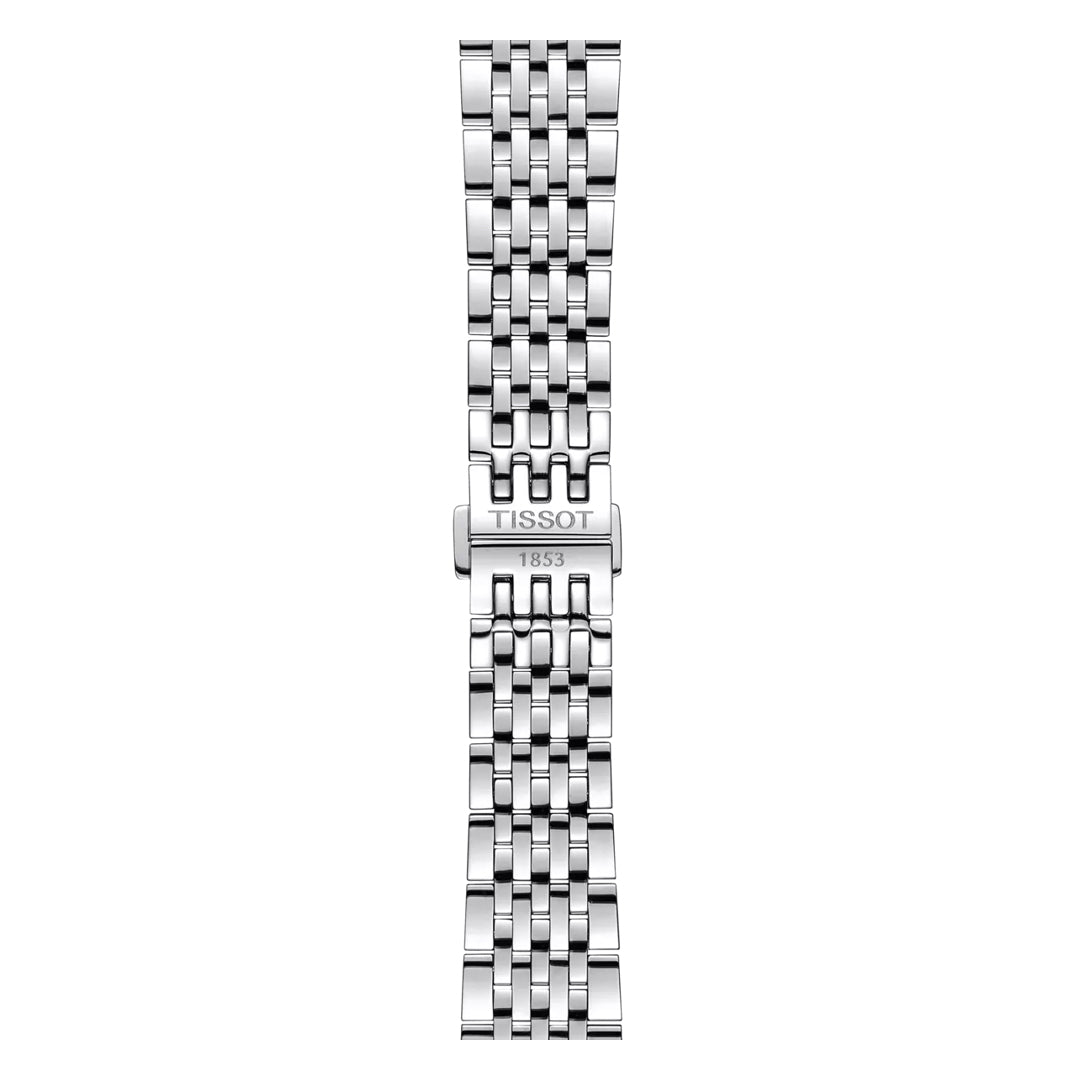The Tissot Le Locle Powermatic 80 Automatic 39.3mm watch features a polished stainless steel multi-link bracelet with "TISSOT 1853" engraved on the clasp, embodying Swiss heritage against a white background.