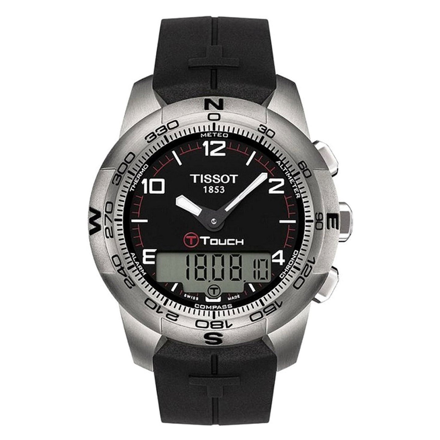 The Tissot T-Touch II Quartz 41mm Watch by Tissot features a black rubber strap, a stainless steel case, and a digital display reading "18:08." It also includes an analog dial with white numbers and compass markings on the bezel, making it ideal for modern adventurers.