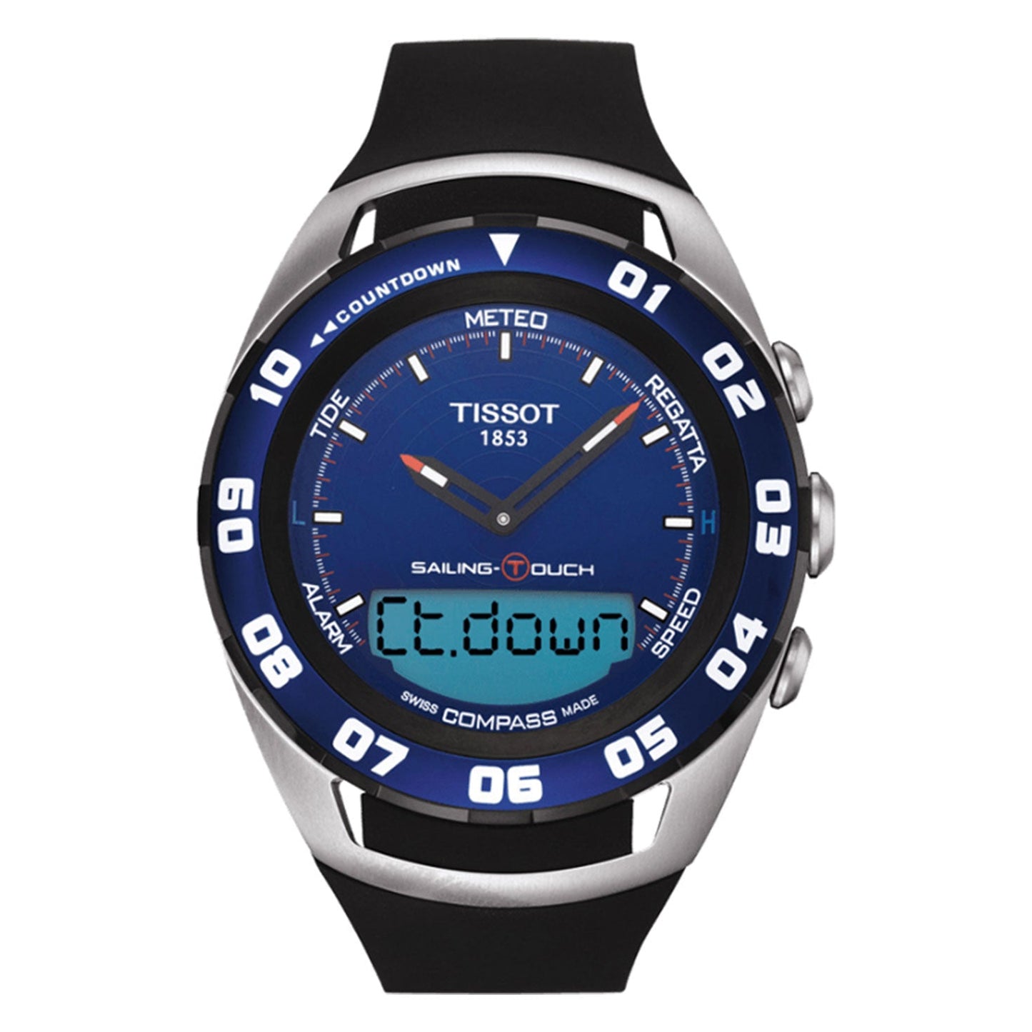 The Tissot T-Touch Sailing Analog-Digital 45mm Watch by Tissot features a stylish black strap and a silver casing. Its analog-digital interface is complemented by a vivid blue dial with white numerals. The digital display conveniently reads "Ctdown," showcasing its countdown function, while assorted functional labels guarantee user-friendly operation.