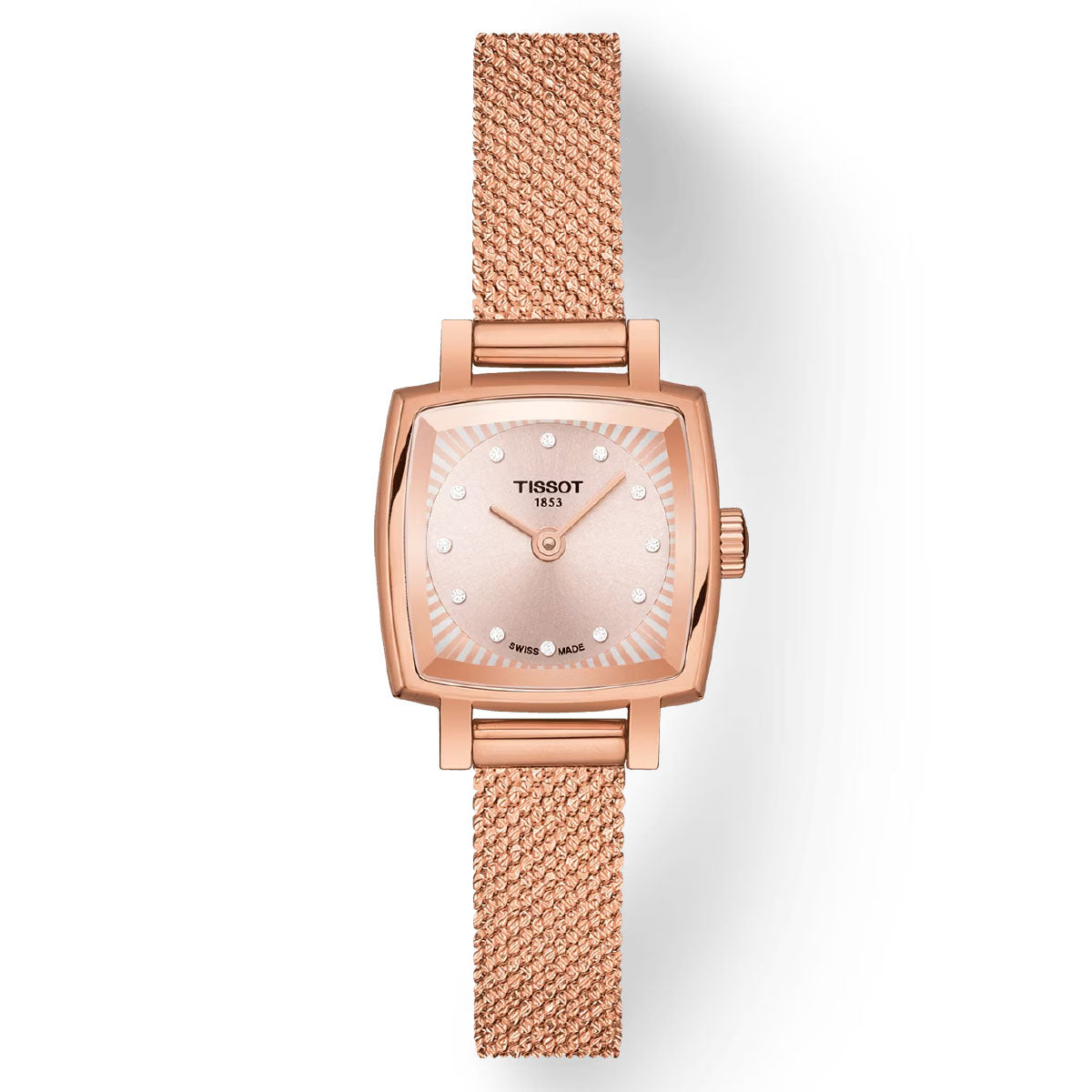 A Tissot Lovely Square Quartz 20mm watch in rose gold with a PVD mesh strap. The dial showcases small round hour markers and two hands, along with the brand name "Tissot" and the year "1853." This timepiece offers a minimalist and elegant design.