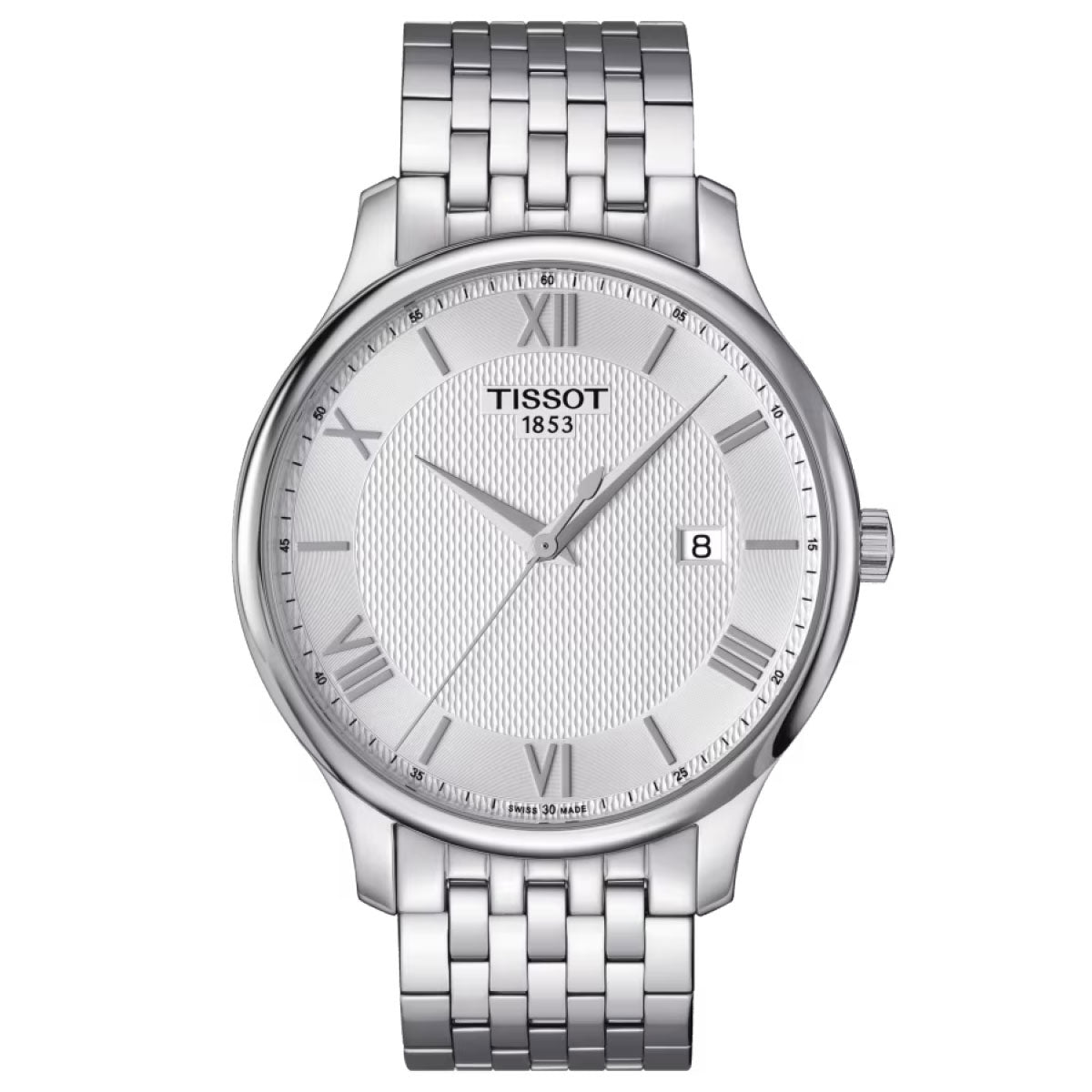 The Tissot Tradition Quartz 42mm Watch, a remarkable piece from the Tissot collection, showcases a vintage-inspired design with its stainless steel bracelet and elegant white dial featuring Roman numerals. A date window is strategically placed at 3 o'clock, accompanied by the brand name and "1853" elegantly displayed below 12.