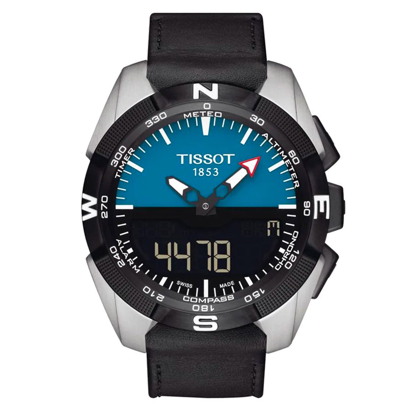 The Tissot T-Touch Expert Solar Chronograph Quartz 45mm Watch by Tissot showcases a blue analog-digital display with a black bezel. It includes a compass rose along the edge, large central hands, and a digital readout at the bottom. The watch also features a subtly visible black leather strap.
