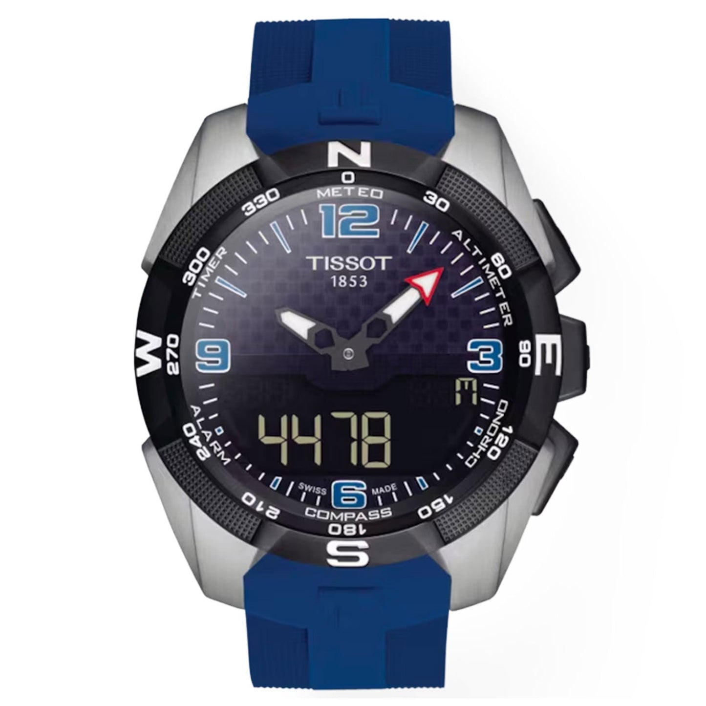 Discover the sophisticated Tissot T-Touch Expert Solar Ice Hockey Quartz 45mm Watch, featuring a stylish blue strap and a stainless steel case. This timepiece offers a black dial with striking blue and white accents, compass markings, and an easy-to-read digital time display at the bottom for enhanced functionality.