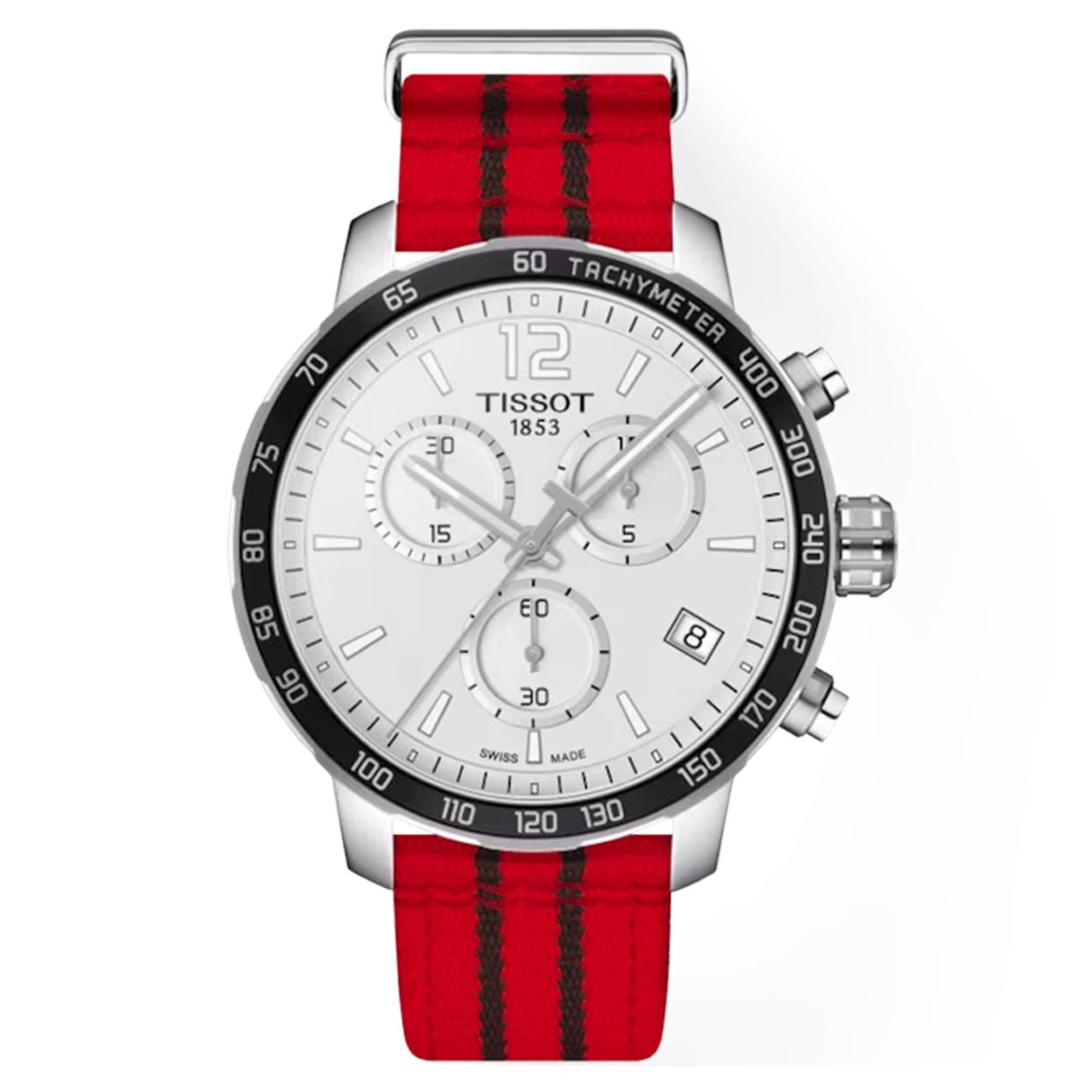 The Tissot Quickster Chronograph NBA Chicago Bulls Quartz 42mm Watch features a red and black striped fabric strap. Its white face includes three sub-dials, a date window, and is surrounded by a black tachymeter bezel, complemented by silver-tone hands and hour markers.