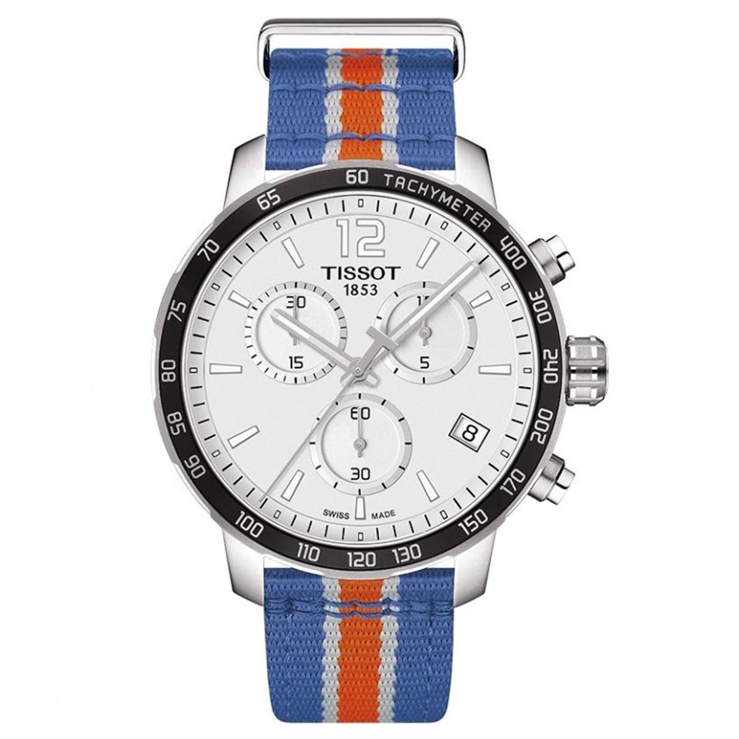 Introducing the Tissot Quickster Chronograph NBA New York Knicks Quartz 42mm Watch, by Tissot. This watch showcases a white face with three sub-dials, encased in silver and highlighted by a black tachymeter bezel. The strap is made from blue fabric featuring striking orange and white stripes, and it conveniently displays the date at the four o'clock position.