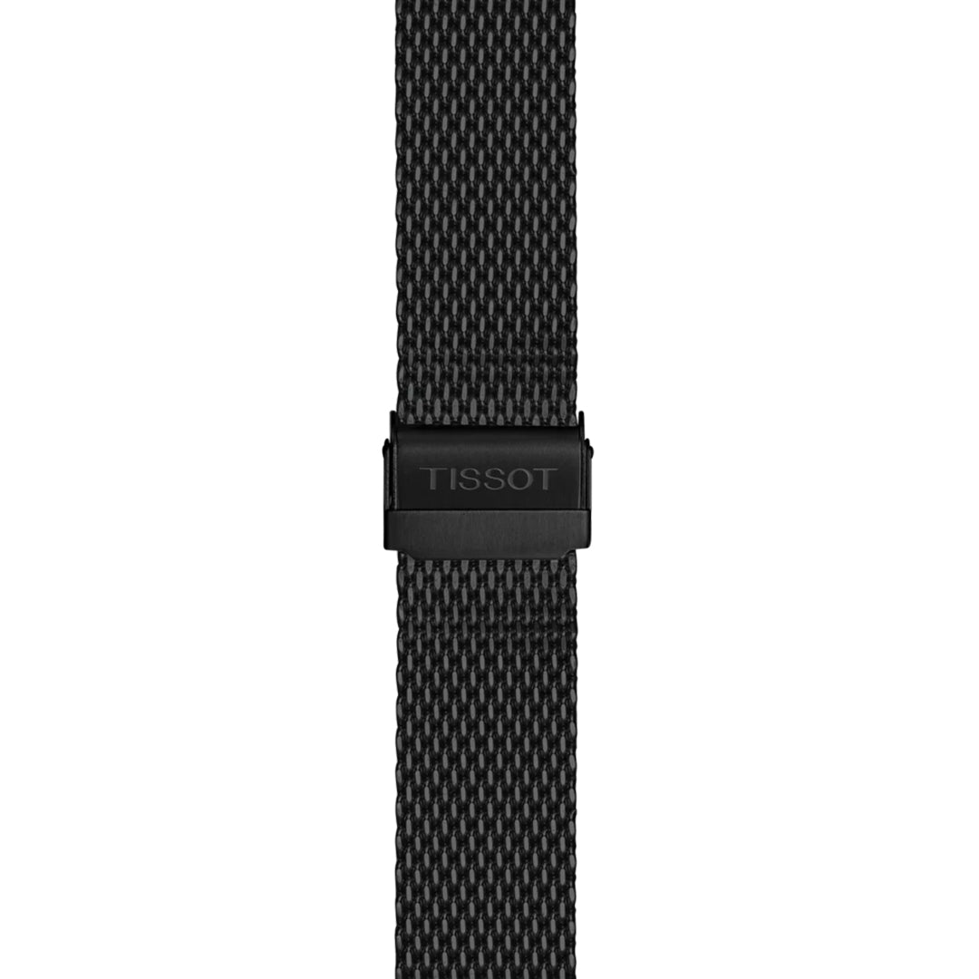Close-up of the Tissot PR 100 Chronograph Quartz 41mm's matte black woven-pattern metal strap, featuring a central clasp engraved with "TISSOT" for a classic look.