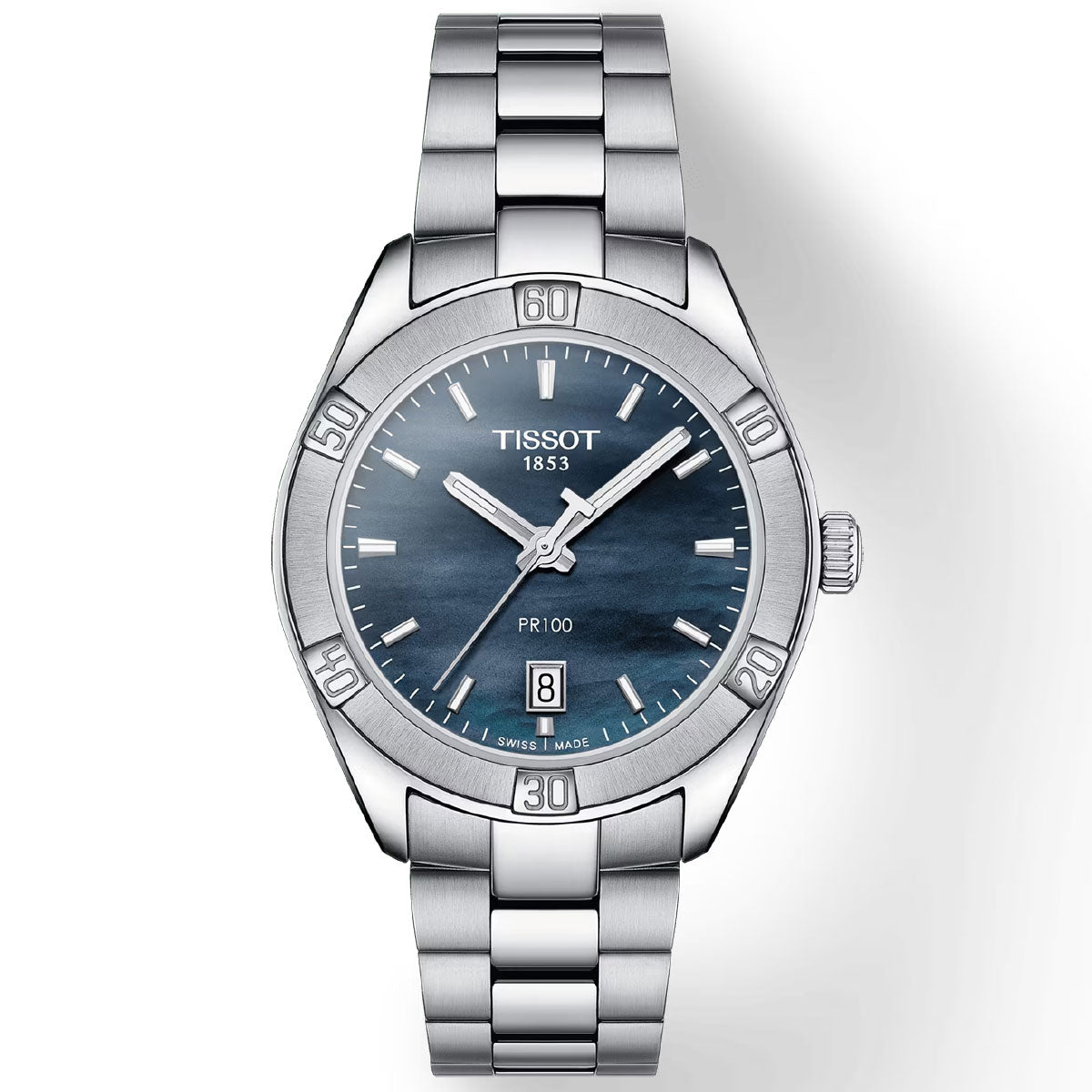 The Tissot PR 100 Sport Chic Quartz 36mm Watch showcases a dark blue dial adorned with silver hour markers and a date display at the 6 o'clock position. It includes minute markings on the bezel and is protected by scratch-resistant sapphire crystal, all powered by Swiss Quartz Movement, displayed against a plain white background.