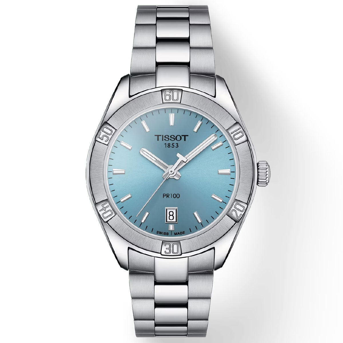 The Tissot PR 100 Lady Sport Chic Quartz 36mm Watch is a stainless steel timepiece featuring a blue dial with silver hour markers and hands. It is equipped with Swiss Quartz Movement and has a date display at the 6 o'clock position. The polished metal bracelet pairs beautifully with its numerically marked bezel, offering a classic appeal.