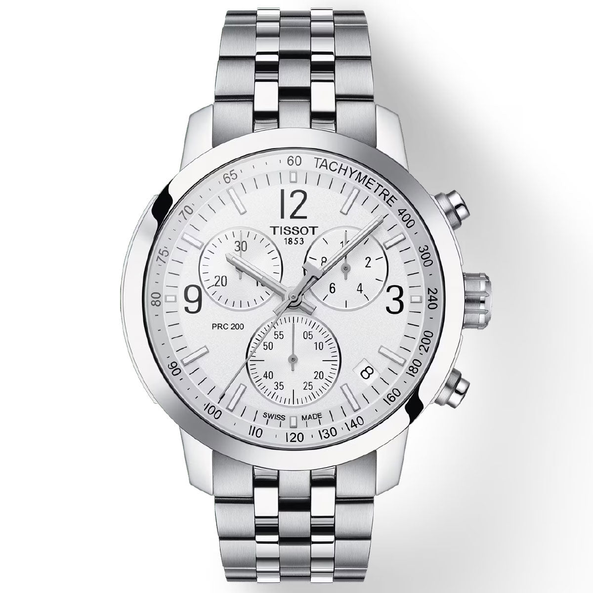 Introducing the Tissot PRC 200 Chronograph Quartz 42mm Watch, a sophisticated silver timepiece by Tissot. It features a stainless steel bracelet, a white dial, Swiss Quartz Movement, three sub-dials, and a tachymeter scale. The watch is equipped with hour markers and offers water resistance up to 200 metres.