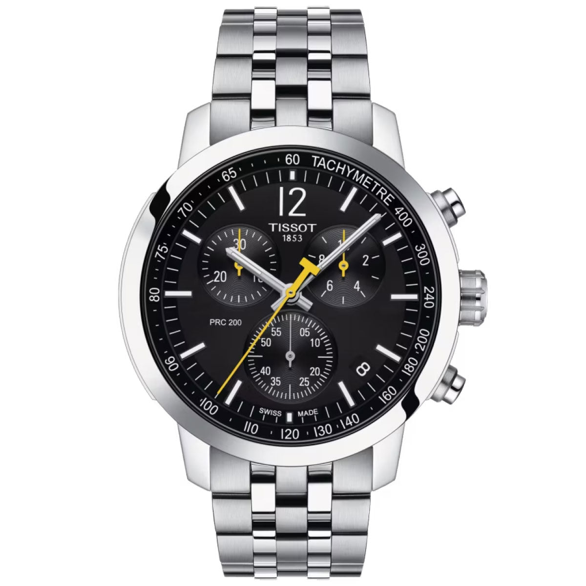 The Tissot PRC 200 Chronograph Quartz 42mm Watch showcases a black dial accented by three sub-dials and an eye-catching yellow second hand. Its bezel incorporates a tachymeter scale, and the stainless steel bracelet pairs perfectly with the silver case. Powered by Swiss Quartz Movement, it also boasts scratch-resistant sapphire crystal and water resistance up to 200 meters.
