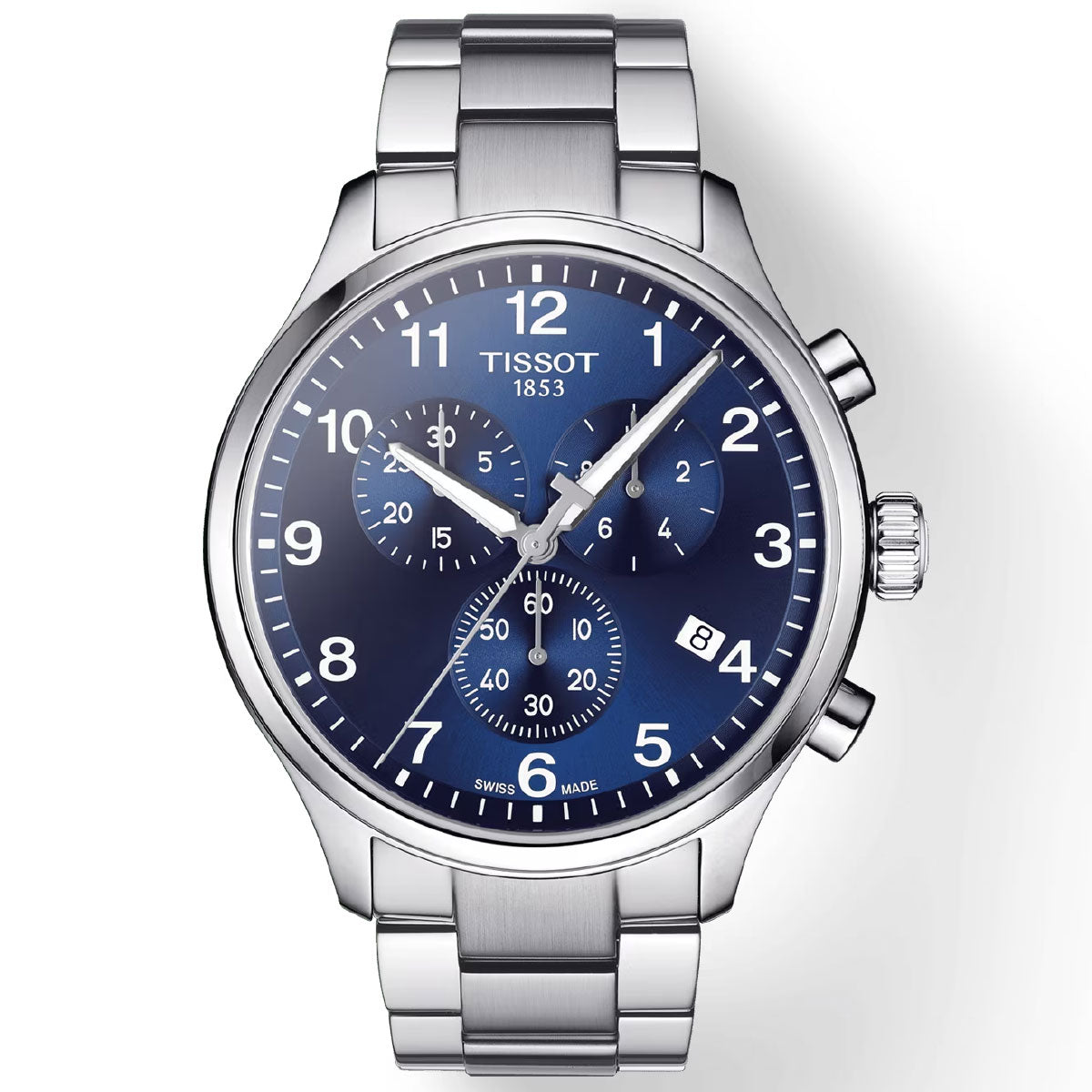 Introducing the Tissot Chrono XL Classic Quartz 45mm Watch, featuring Swiss Quartz Movement and a sleek stainless steel bracelet. The watch is distinguished by its striking blue dial with three sub-dials, a date window positioned between 4 and 5 o'clock, and luminescent hands and markers set against white numerals.