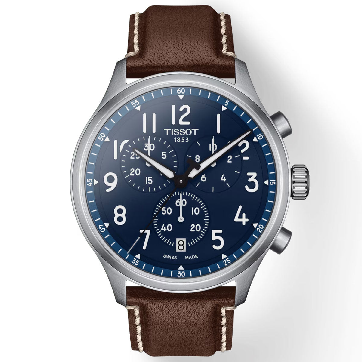 This Tissot Chrono XL Vintage Quartz 45mm Watch boasts a blue dial with white numerals and three sub-dials. It features a stainless steel case and a brown leather strap with visible stitching, driven by Swiss Quartz Movement. The timepiece includes two pushers and a crown on the right side for easy adjustments.