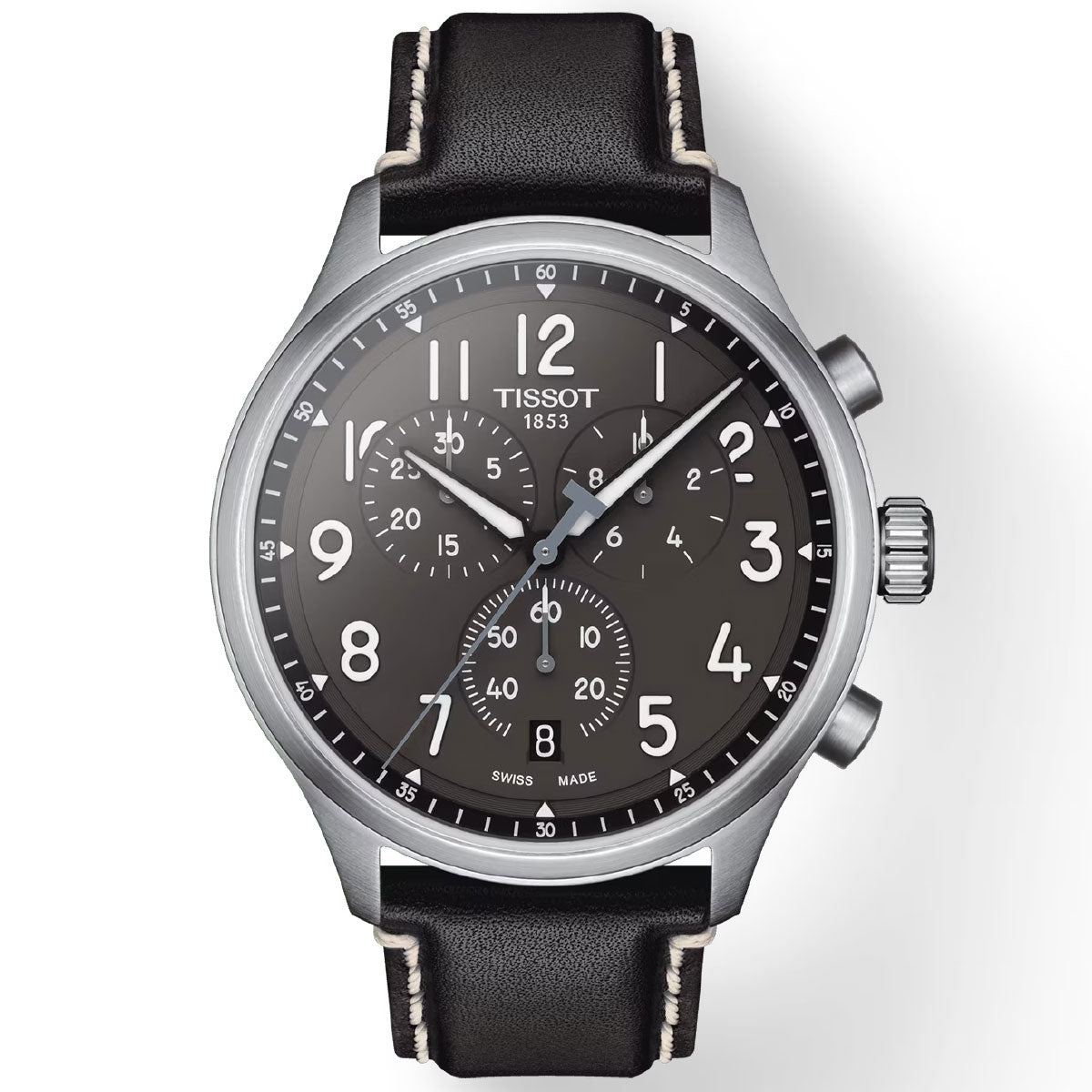 The Tissot Chrono XL Quartz 45mm Watch boasts a black leather strap and a durable 316L stainless steel case. Its black dial is adorned with white Arabic numerals, three subdials, and the inscription "Tissot 1853." The watch features white hands with luminescent tips, all protected by scratch-resistant sapphire crystal.