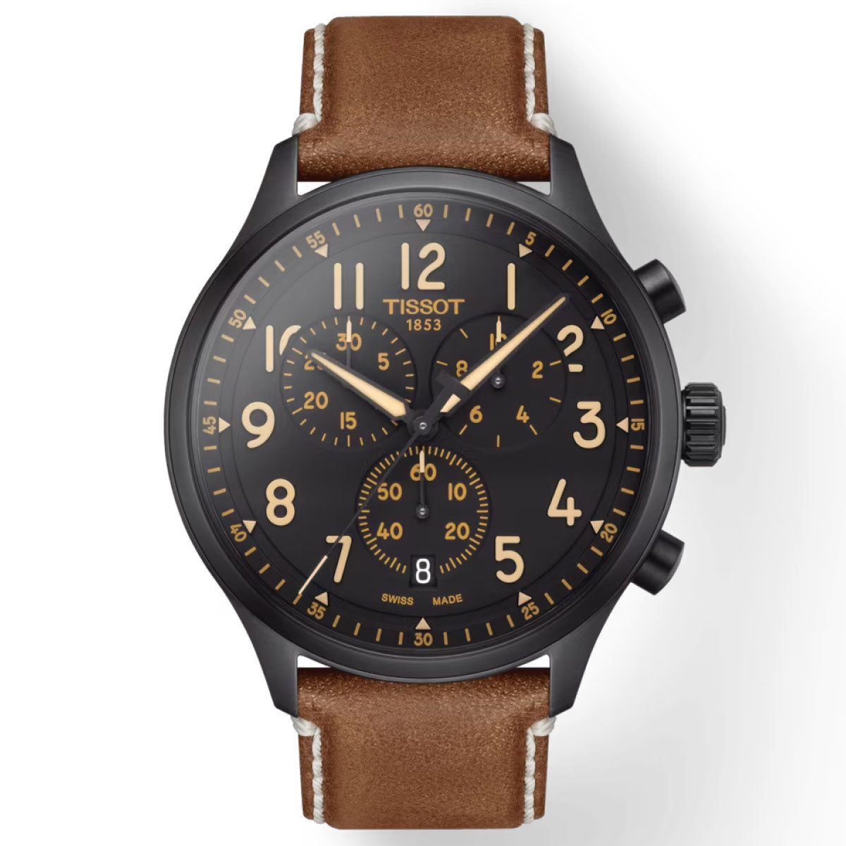 Introducing the Tissot Chrono XL Quartz 45mm Watch, a sophisticated timepiece by Tissot. It showcases a brown leather strap and a black dial adorned with prominent gold-colored numerals and three sub-dials. This watch is powered by Swiss Quartz Movement, with gold-colored hands moving gracefully beneath a scratch-resistant sapphire crystal. Two pushers complement the crown on the right side, adding to its elegant design.