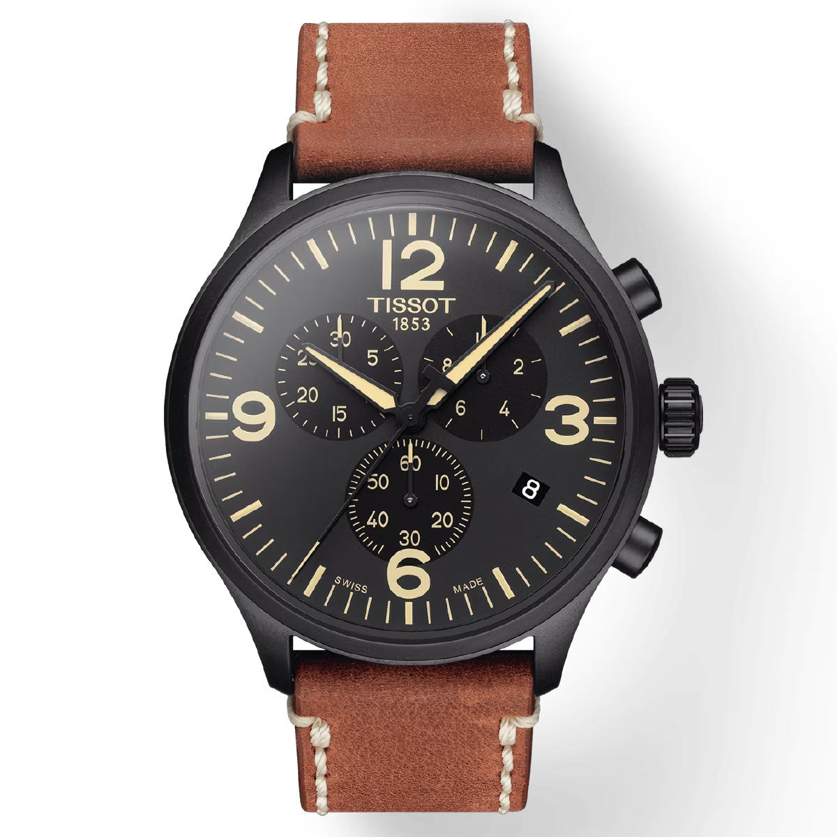 The Tissot Chrono XL Quartz 45mm Watch showcases a black dial adorned with beige numerals and hands. It features three subdials, a date window, and is powered by Swiss Quartz Movement. The watch has a scratch-resistant sapphire crystal and is paired with a brown leather strap accented by white stitching.