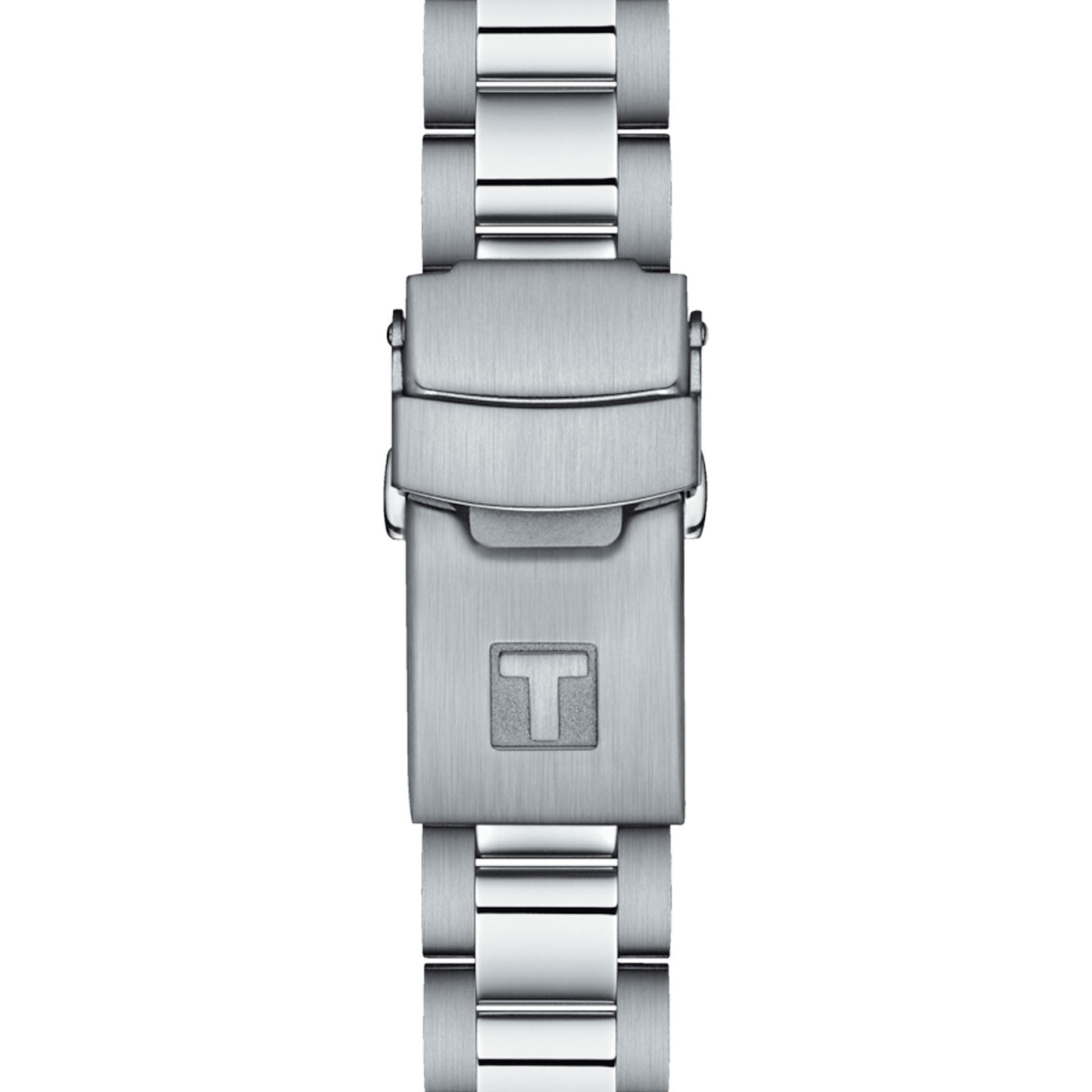 A close-up of the clasp on the Tissot Seastar 1000 Quartz 36mm Watch reveals a "T" logo on its brushed silver metal finish. The polished links of the watch band provide a striking contrast to the clasp's matte texture. Enhanced by Swiss quartz movement, this timepiece from Tissot ensures precision and elegance.
