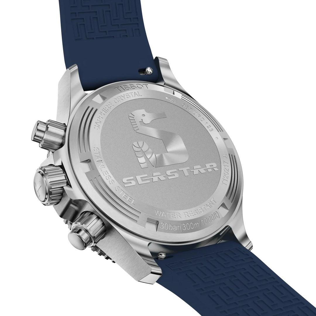 The back of the Tissot Seastar 1000 Quartz 38mm Watch features engraved text and a seahorse logo, complementing its blue textured strap. Crafted from stainless steel and powered by precise Swiss quartz chronograph movement, this Tissot timepiece offers water resistance up to 300 meters.