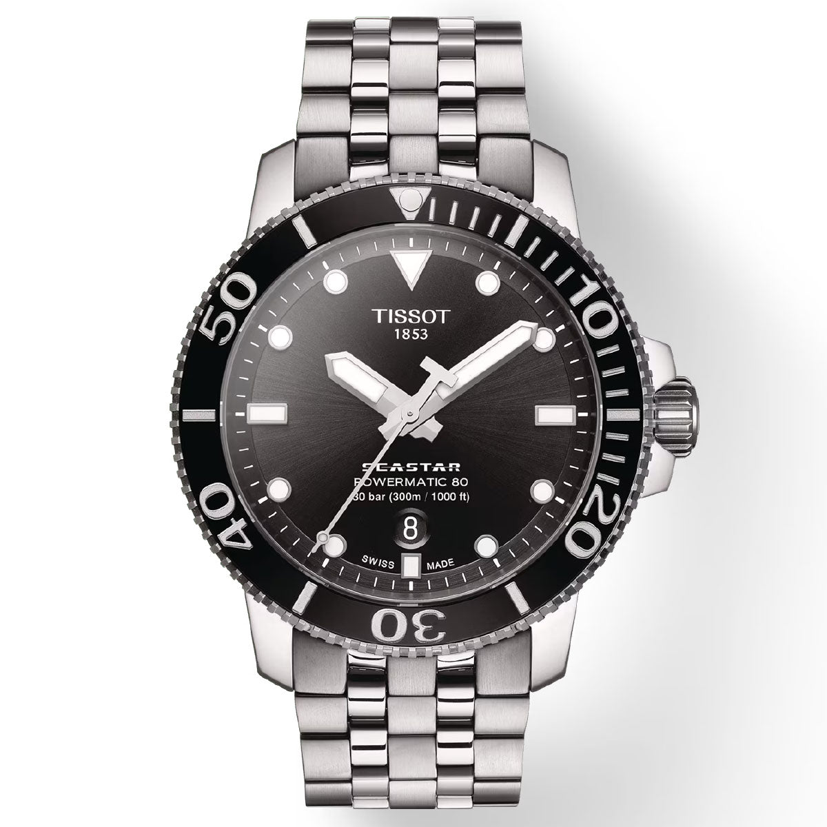 The Tissot Seastar 1000 Powermatic 80 Automatic 43mm Watch features a stainless steel strap and black dial, complemented by a stylish ceramic bezel. It includes silver hour markers and hands, along with a date window at the 6 o'clock position. The watch proudly displays "Tissot 1853" and is powered by the impressive Powermatic 80 automatic movement.