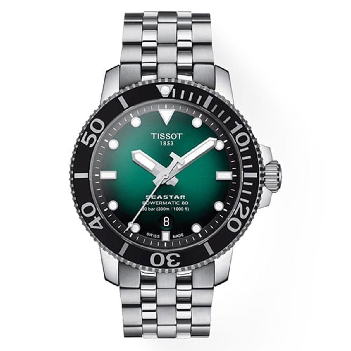 The Tissot Seastar 1000 Powermatic 80 Automatic 43mm Watch features a captivating green gradient dial with silver hour markers, complemented by a black bezel with white markings. It is designed with a robust sapphire crystal and houses a Swiss automatic movement. The watch includes a date display at the 6 o'clock position and is beautifully completed with a stainless steel bracelet.