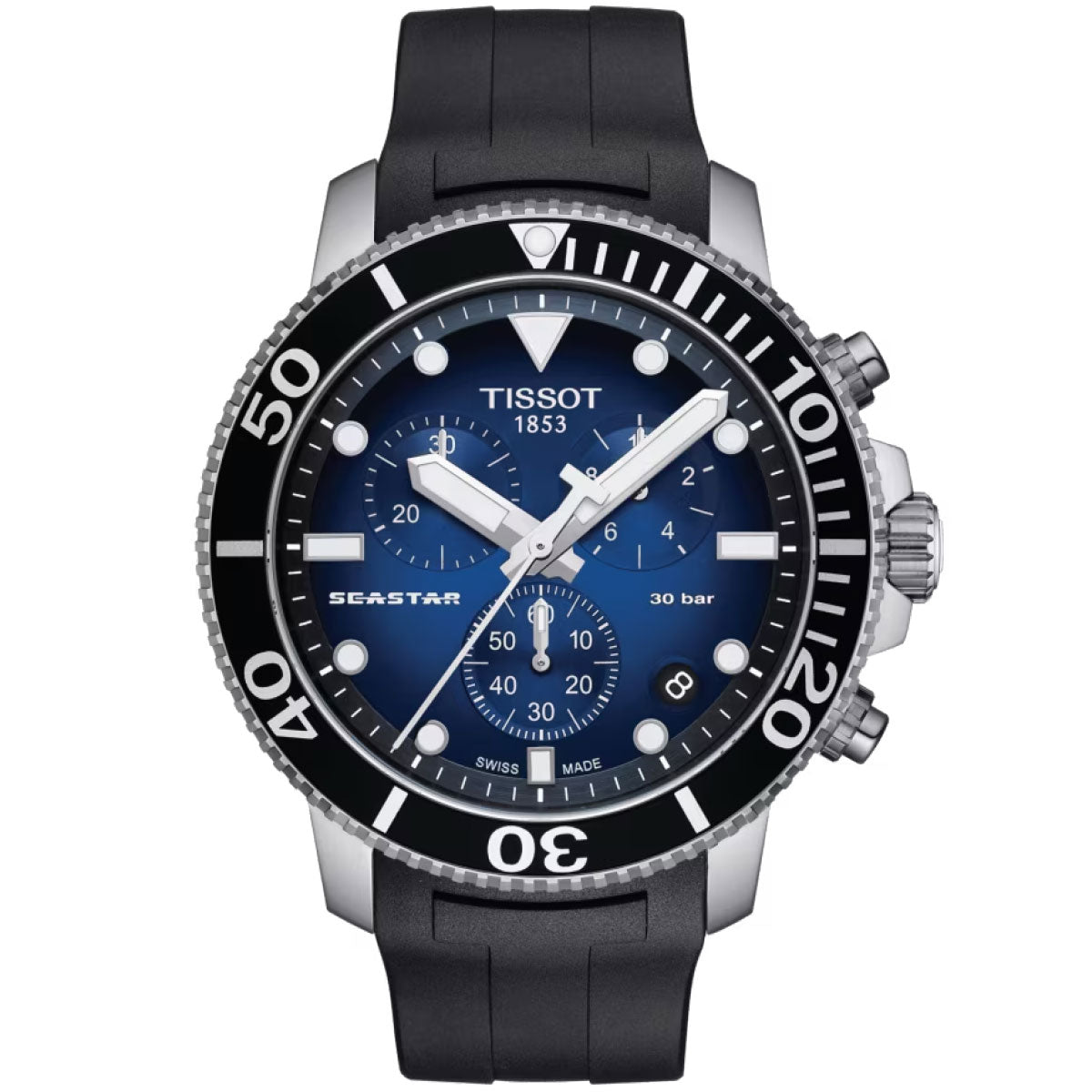 The Tissot Seastar 1000 Chronograph Quartz 45.5mm Watch showcases a blue dial with silver markers and chronograph subdials. It is powered by a Swiss Quartz Movement, ensuring precision, and features a diver's bezel in black with white numbering. This stylish piece is equipped with a rubber strap and is water-resistant up to 30 bar.
