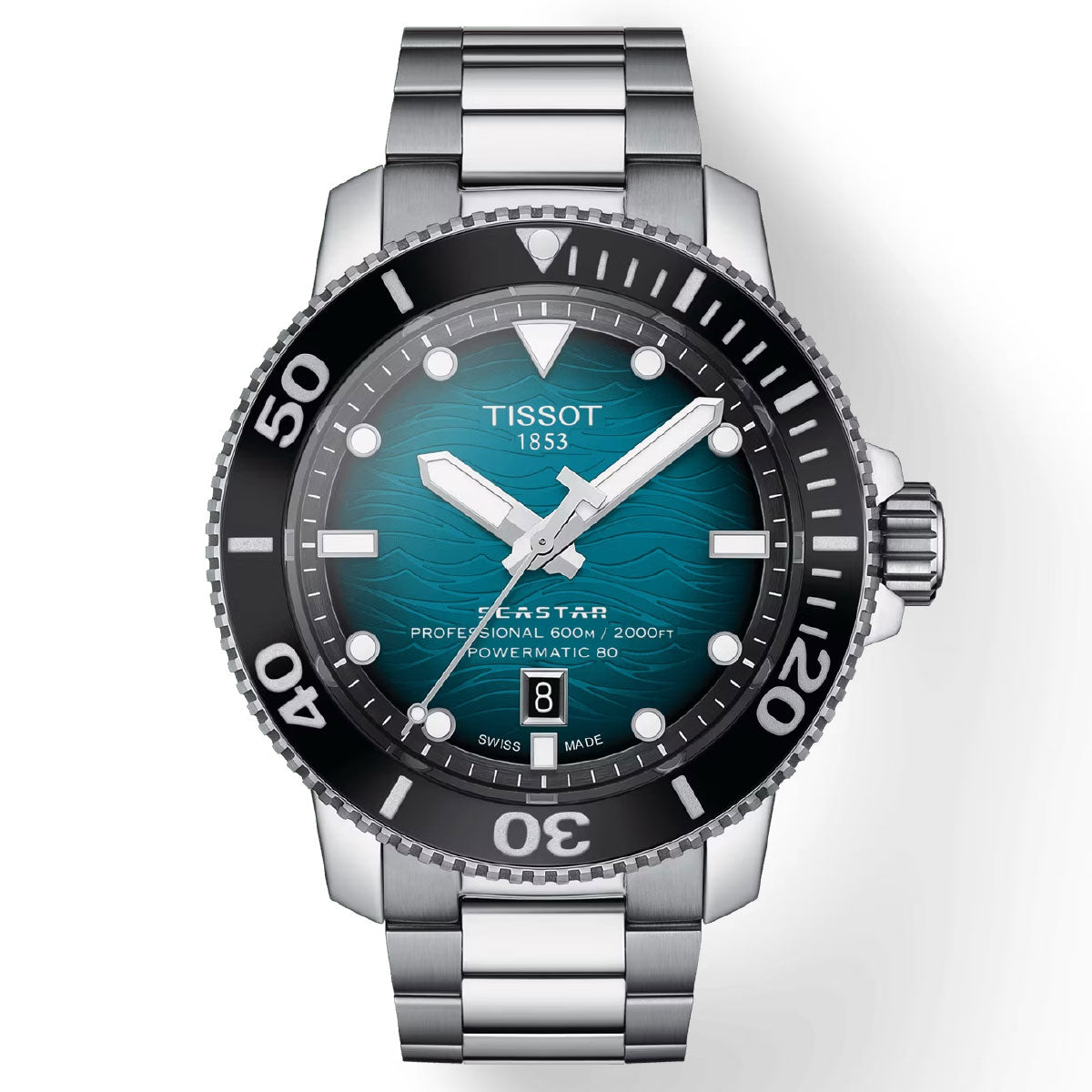The Tissot Seastar 2000 Professional Powermatic 80 Automatic 46mm Watch flaunts a sleek silver metal band and a teal face adorned with wave patterns. It features a black bezel with white numerals and includes a date display at the 6 o'clock position. Expertly crafted and water-resistant, this watch is the perfect choice for divers who value both style and functionality.
