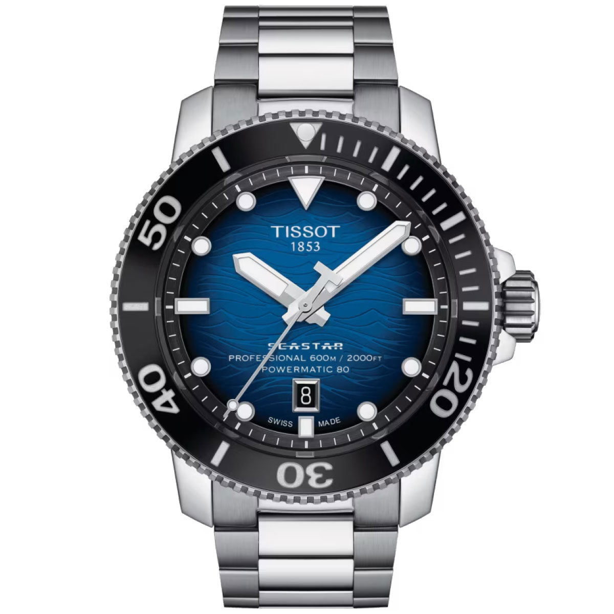 The Tissot Seastar 2000 Professional Powermatic 80 Automatic 46mm Watch features a stainless steel bracelet and round blue dial, complemented by a black bezel with white numbering. It includes silver hour markers, a date window at the 6 o'clock position, and is labeled "Seastar" and "Professional 600m / 2000ft Powermatic 80," all under the protection of sapphire crystal.