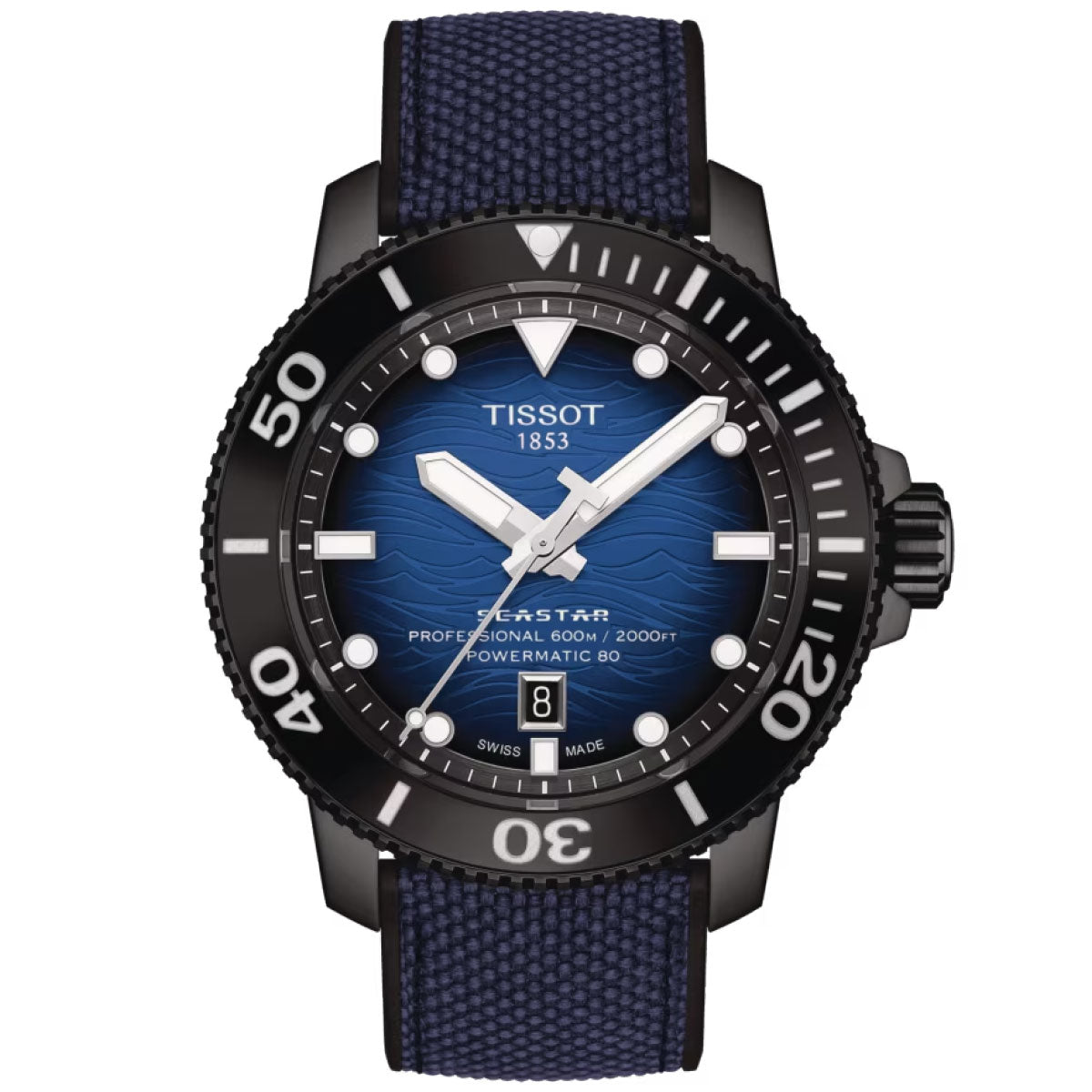 A close-up of the Tissot Seastar 2000 Professional Powermatic 80 Automatic 46mm watch highlights its blue dial and black casing. It showcases bold white hour markers, a date window at the 6 o'clock position, and a textured blue strap. This timepiece is water-resistant up to 600 meters and is powered by the Powermatic 80 movement.