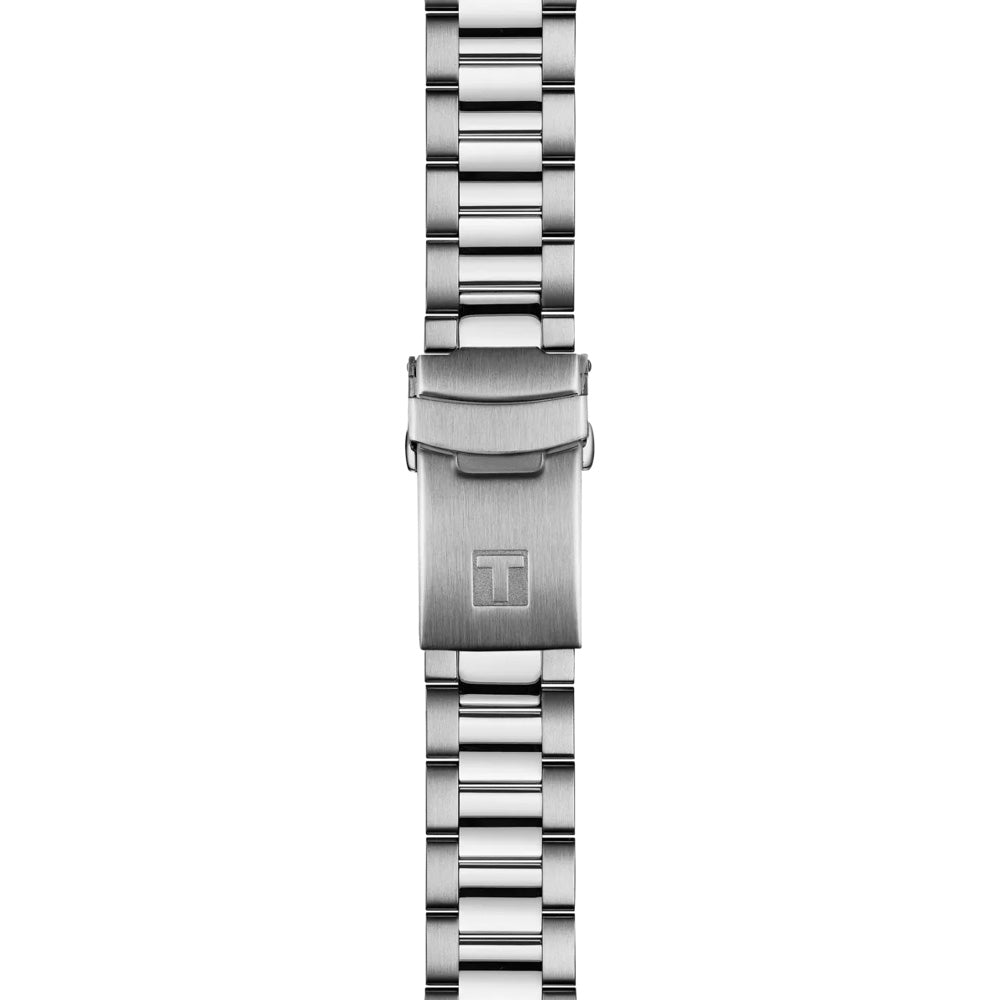 A stainless steel bracelet with deployment clasp, brushed finish, and engraved rectangular logo, designed to complement the Tissot Seastar 1000 Quartz GMT 40mm Watch.