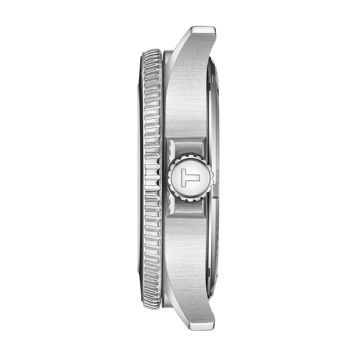 Side view of the Tissot Seastar 1000 Quartz GMT 40mm shows its textured bezel, crown with “T” logo, and brushed metal finish—designed by Tissot for durability and water resistance. The watch face is not visible in this image.