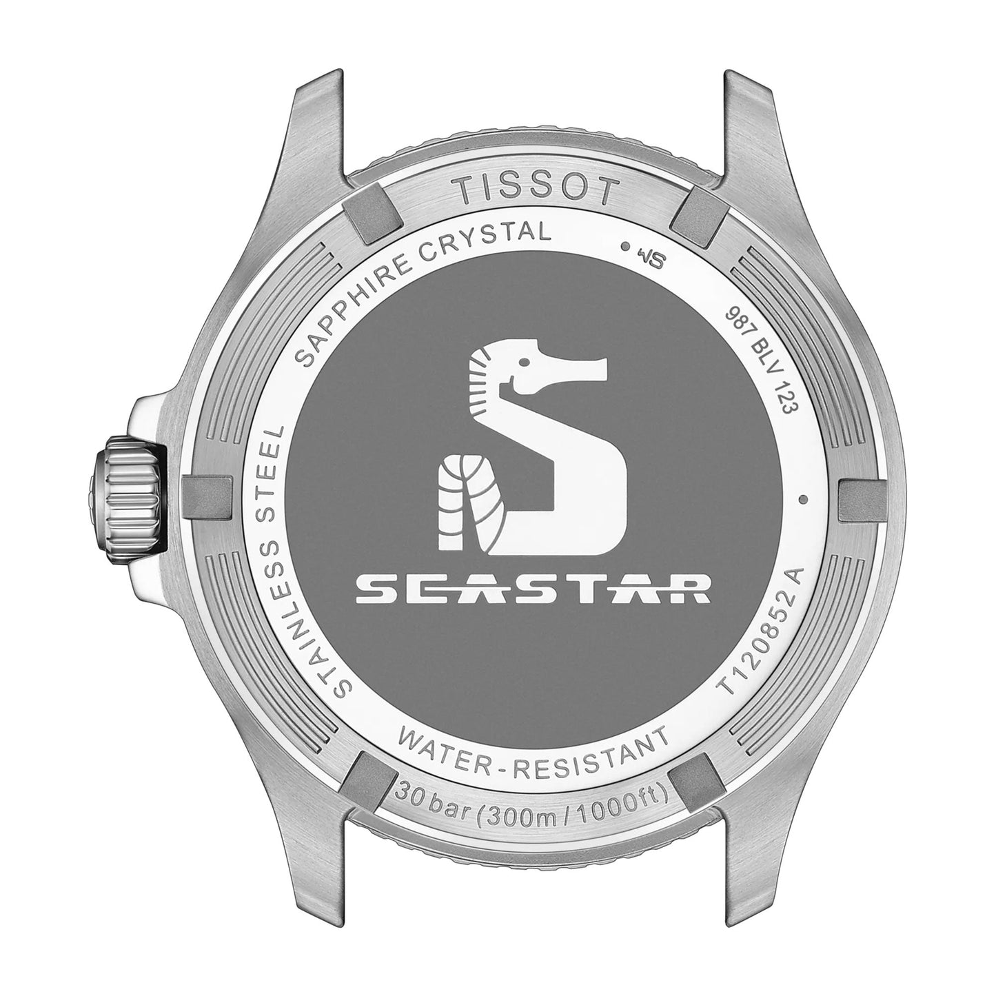Back view of the Tissot Seastar 1000 Quartz GMT 40mm Watch in silver, showing the seahorse logo, "SEASTAR" branding, stainless steel case, sapphire crystal, 30 bar/300m water resistance details, and model numbers.