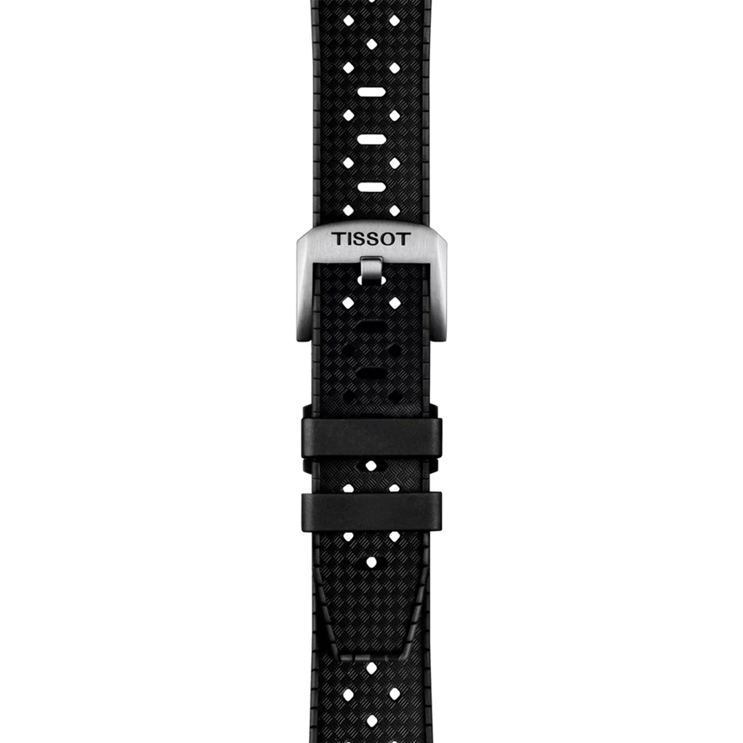Close-up of a black textured strap with perforated holes, silver "Tissot"-engraved buckle, and two black loops—designed for the Tissot Seastar 1000 Quartz GMT 40mm Watch, blending style and water-resistance.