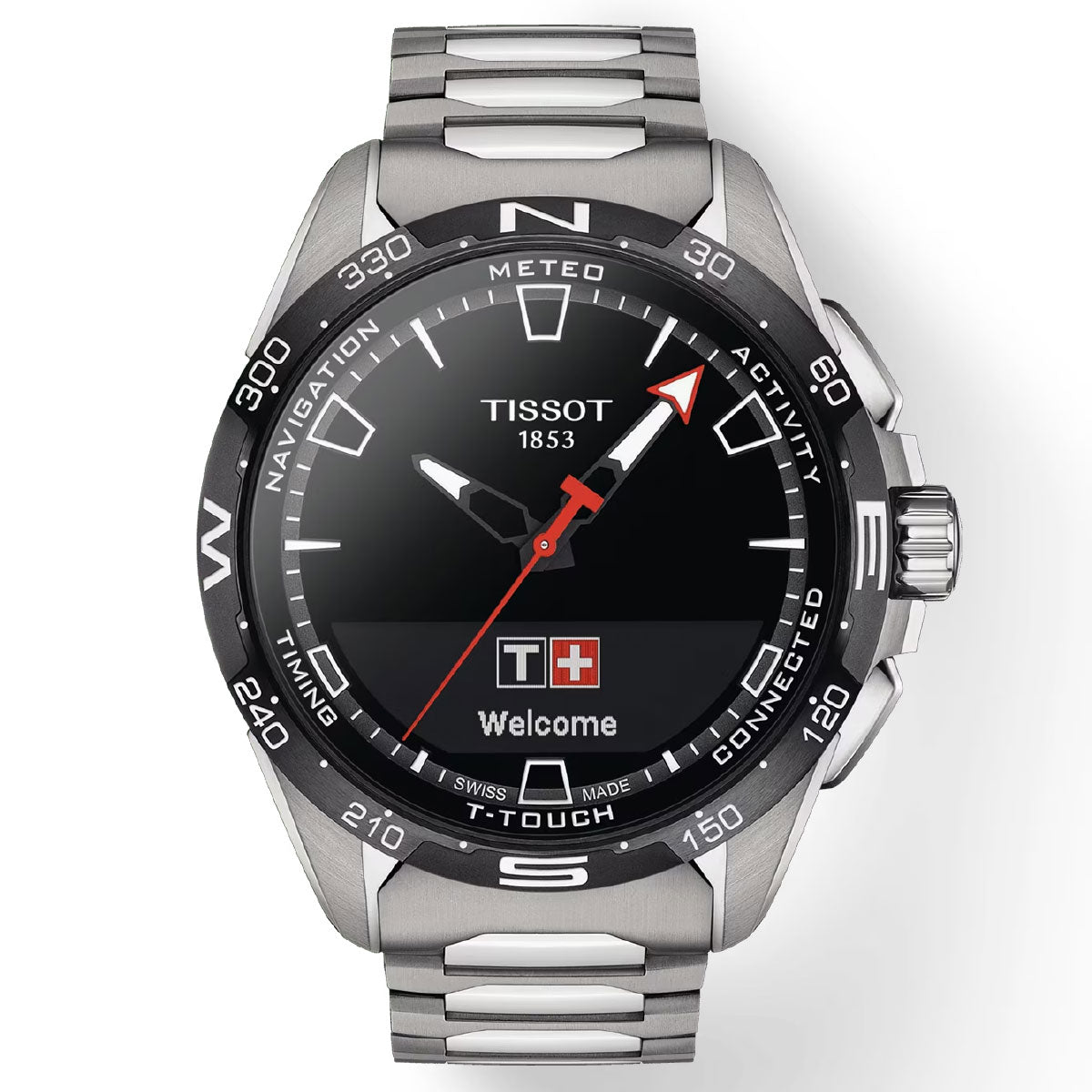Introducing the Tissot T-Touch Connect Solar Quartz 47.5mm Smart Watch, featuring a sleek stainless steel strap and a striking black digital-analog display. This model boasts Swiss connected quartz technology along with navigation, meteorology, and activity tracking functions. Its sapphire crystal face elegantly showcases the Swiss logo alongside a welcoming "Welcome" text on the screen.