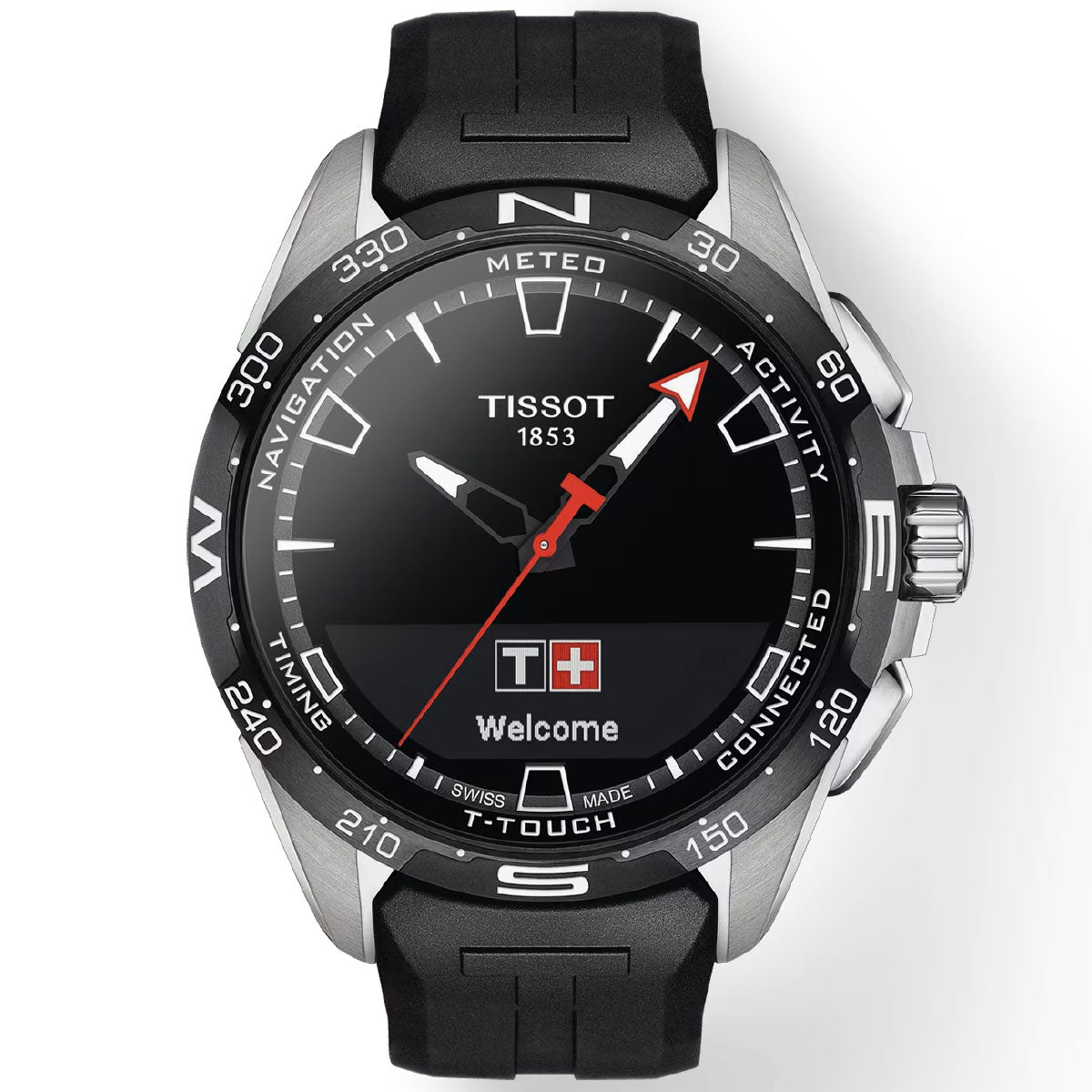 The Tissot T-Touch Connect Solar Quartz 47.5mm Smart Watch, featuring a black face and silver casing, includes an antimagnetic titanium case. It offers functions such as navigation, weather, and activity modes around the bezel. The scratch-resistant sapphire crystal displays "Welcome" along with "T+" and a Swiss flag, all powered by advanced Swiss connected quartz solar technology.