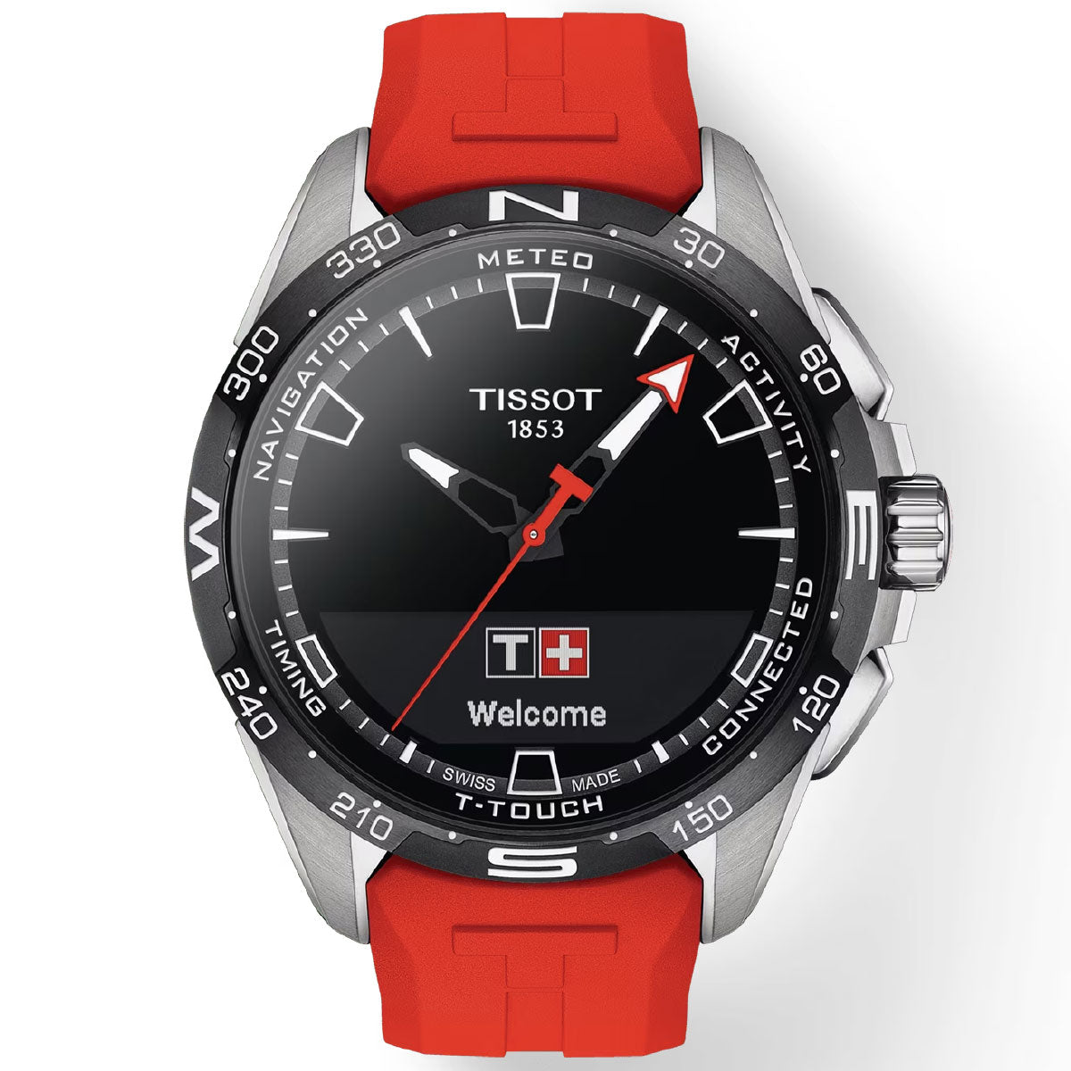 The Tissot T-Touch Connect Solar Quartz 47.5mm Smart Watch from Tissot features a black digital display and a red silicone strap, offering functions such as navigation, meteorology, and activity tracking. It includes a central silver bezel, red accents, and an antimagnetic titanium case for enhanced durability.