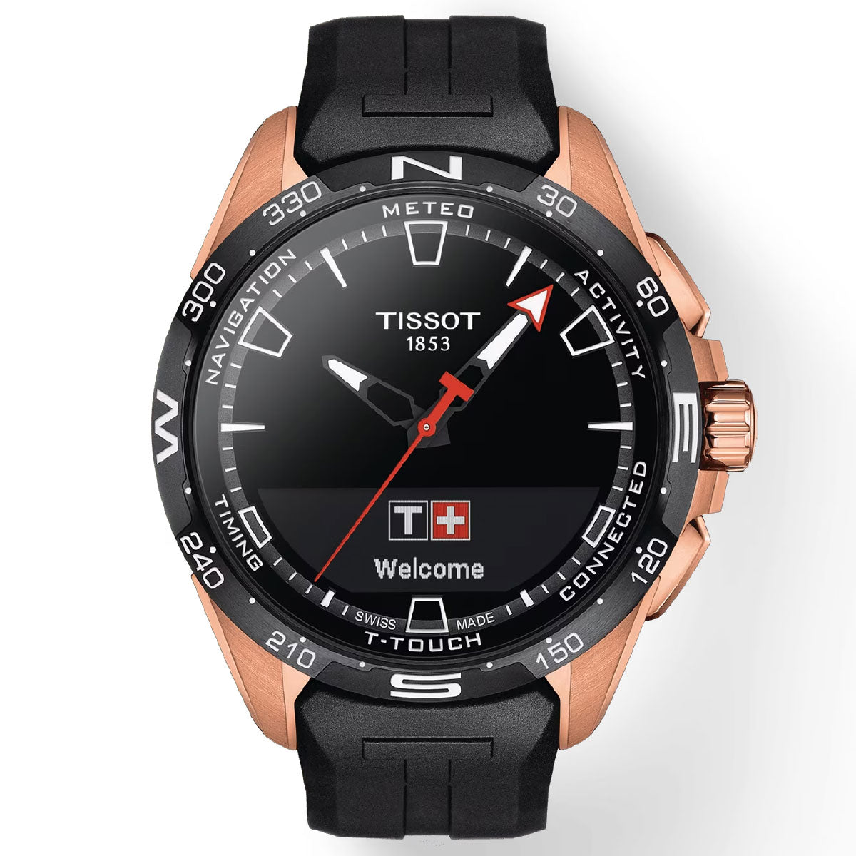 The Tissot T-Touch Connect Solar Quartz 47.5mm Smart Watch by Tissot features an elegant black and rose gold design with a durable sapphire crystal protecting its digital display, which greets you with "Welcome" beside a Swiss flag icon. It includes a compass bezel for added utility and combines black rubber straps with Swiss connected quartz for precise timekeeping.