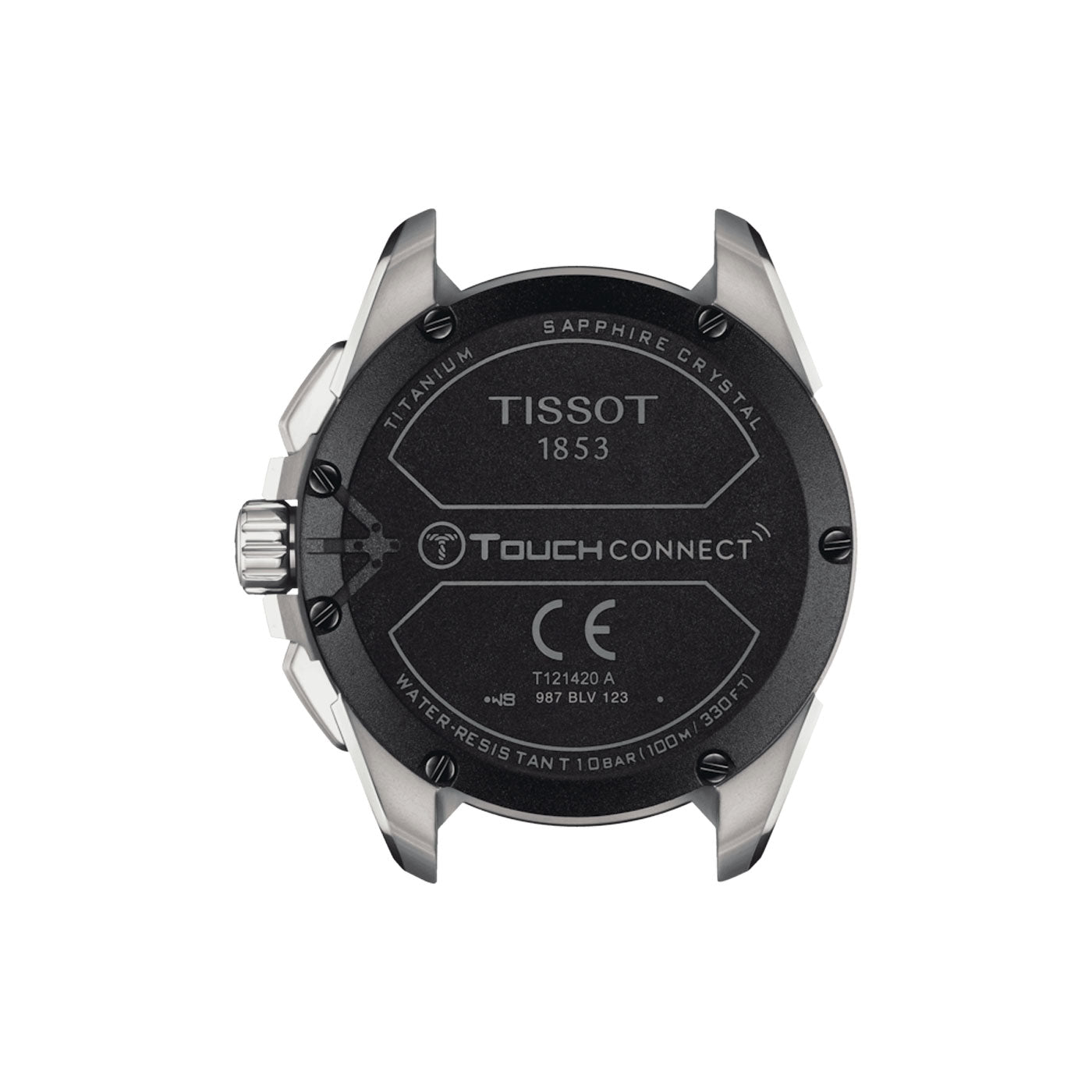 The image showcases the back of a Tissot T-Touch Connect Solar Quartz 47.5mm Smart Watch, crafted with a sleek antimagnetic titanium case and sapphire crystal. It features inscriptions "Tissot 1853," "Touch Connect," "CE," and model number "T121420 A." This solar-powered tactile timepiece offers water resistance up to 100 meters.
