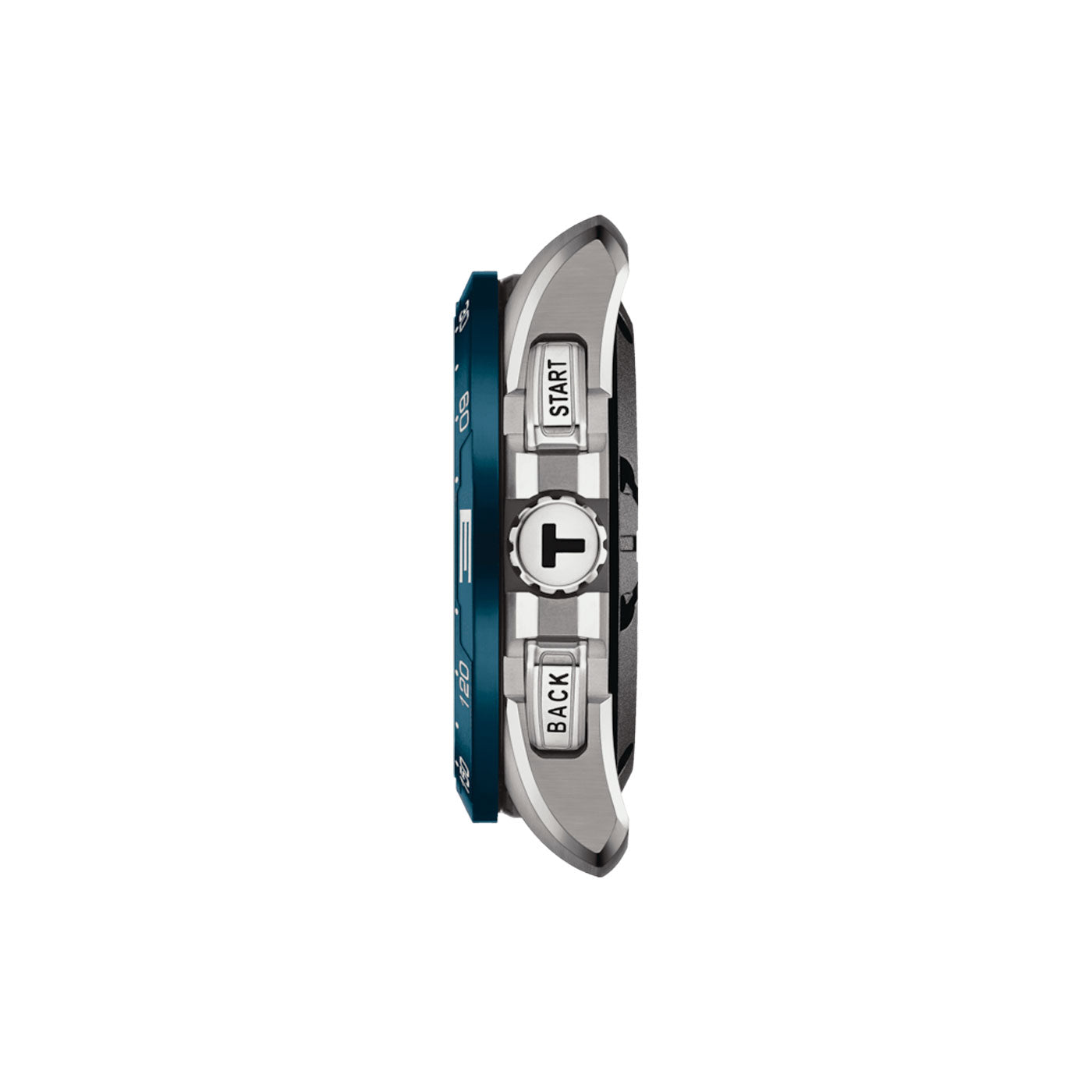 Side view of the Tissot T-Touch Connect Solar Quartz 47.5mm Smart Watch highlighting its blue bezel and buttons labeled "START" and "BACK." The watch boasts a sleek, modern design with an antimagnetic titanium case and water resistance, enhanced by silver and black accents.