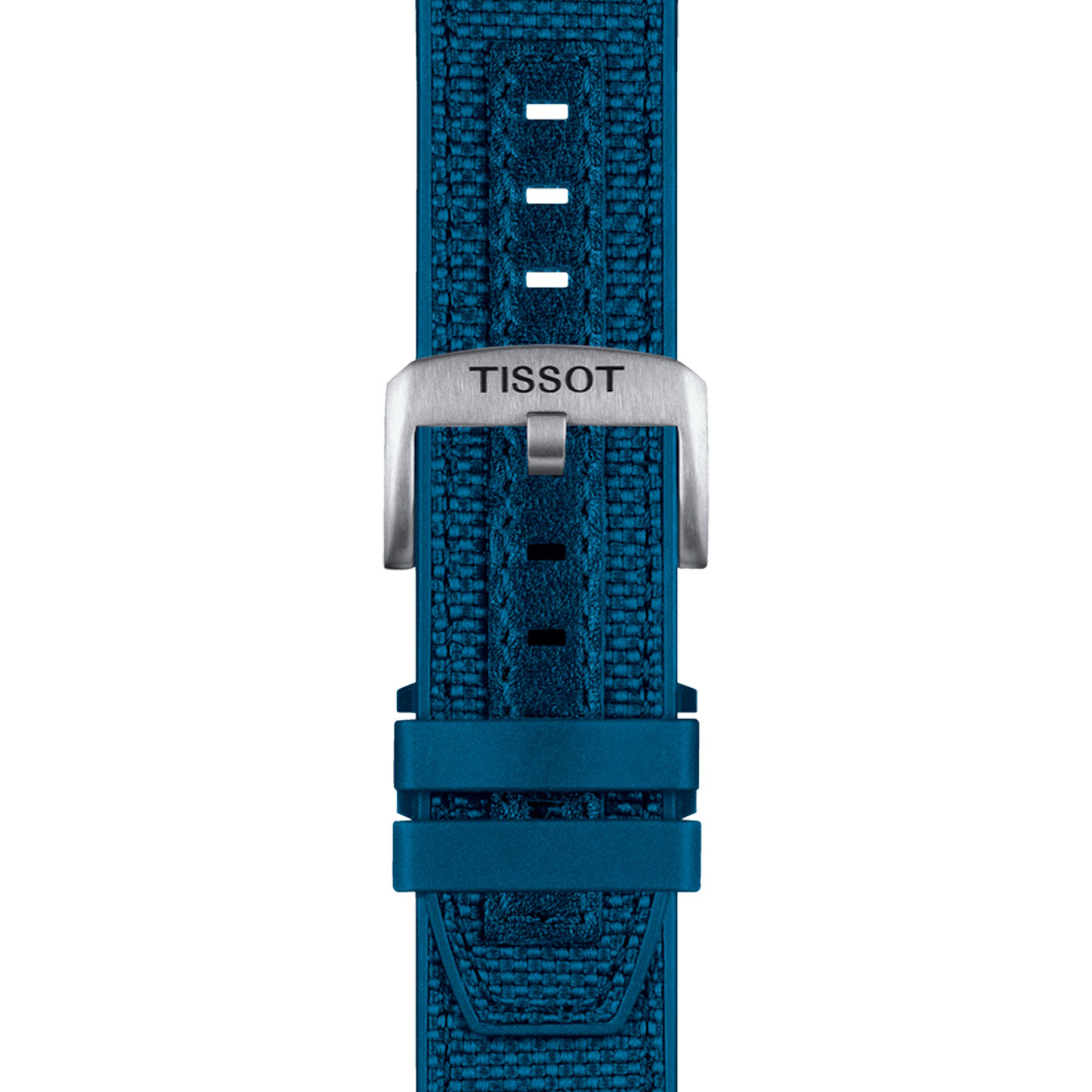 A close-up of the Tissot T-Touch Connect Solar Quartz 47.5mm Smart Watch reveals a blue strap with a textured pattern, featuring a silver buckle engraved with "Tissot." It is complemented by Swiss connected quartz movement for precise timekeeping.