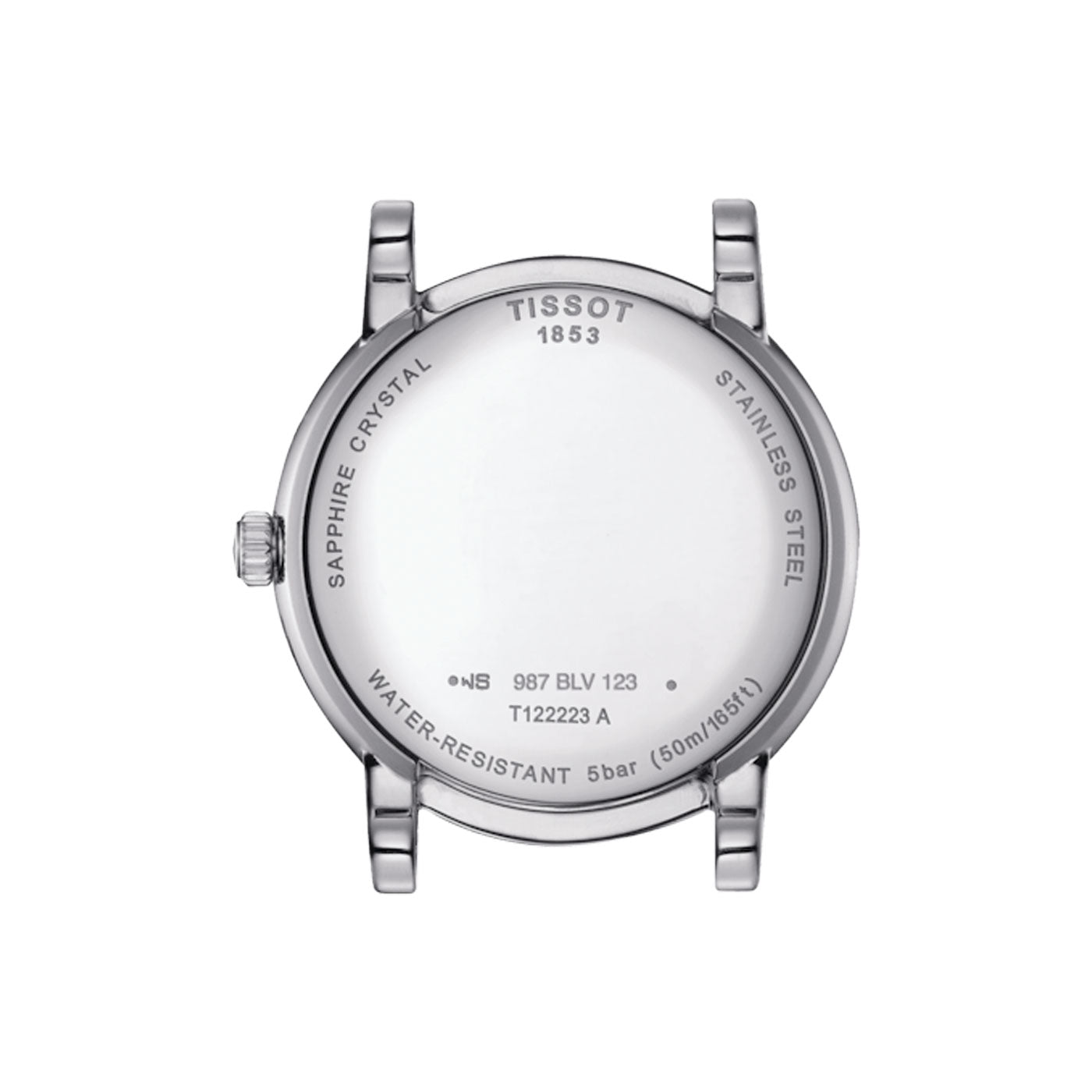 The back of the Tissot Carson Premium Lady Moonphase Quartz 32mm Watch showcases details such as "Scratch Resistant Sapphire Crystal," "316L Stainless Steel," and "Water-Resistant 5 bar (50m/165ft)." It includes a silver case with noticeable lugs, a crown, and Swiss Quartz Movement.