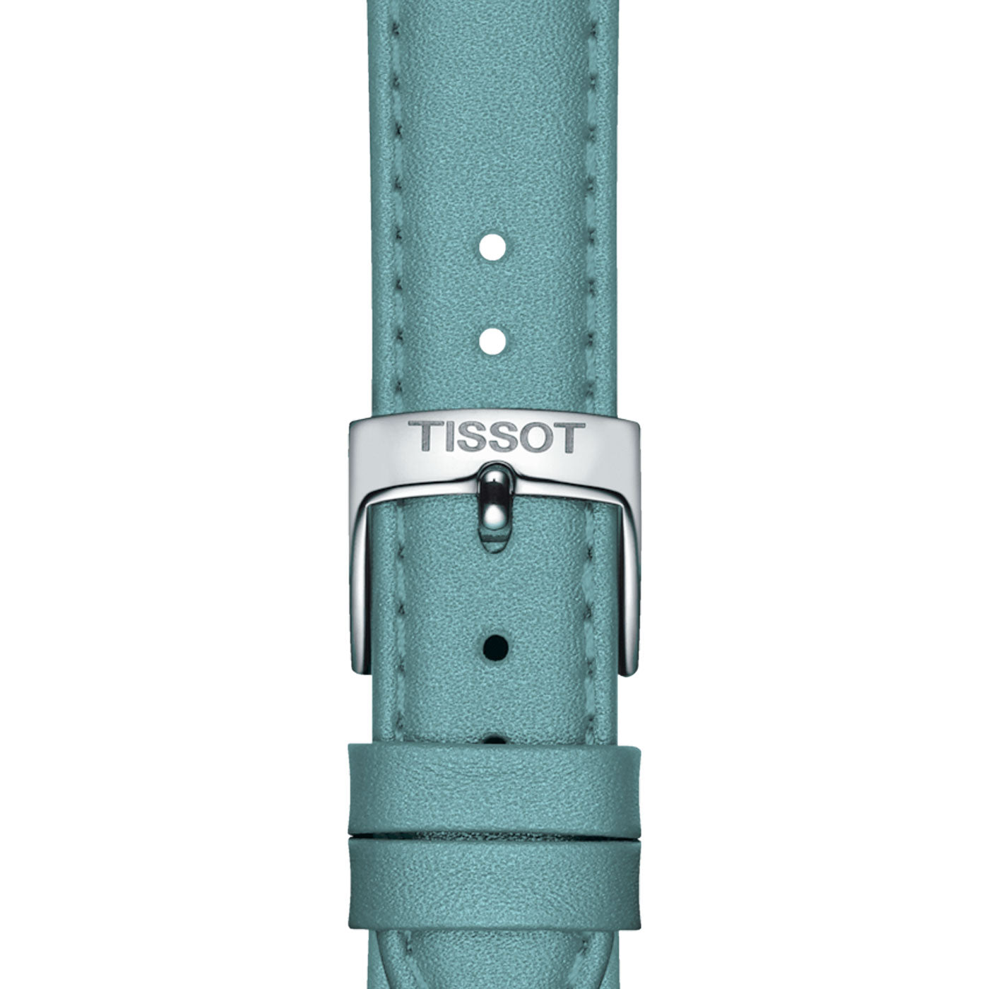 Close-up of a turquoise strap on the Tissot Carson Premium Lady Moonphase Quartz 32mm Watch, featuring a silver buckle made of 316L stainless steel and highlighting the "Tissot" brand.