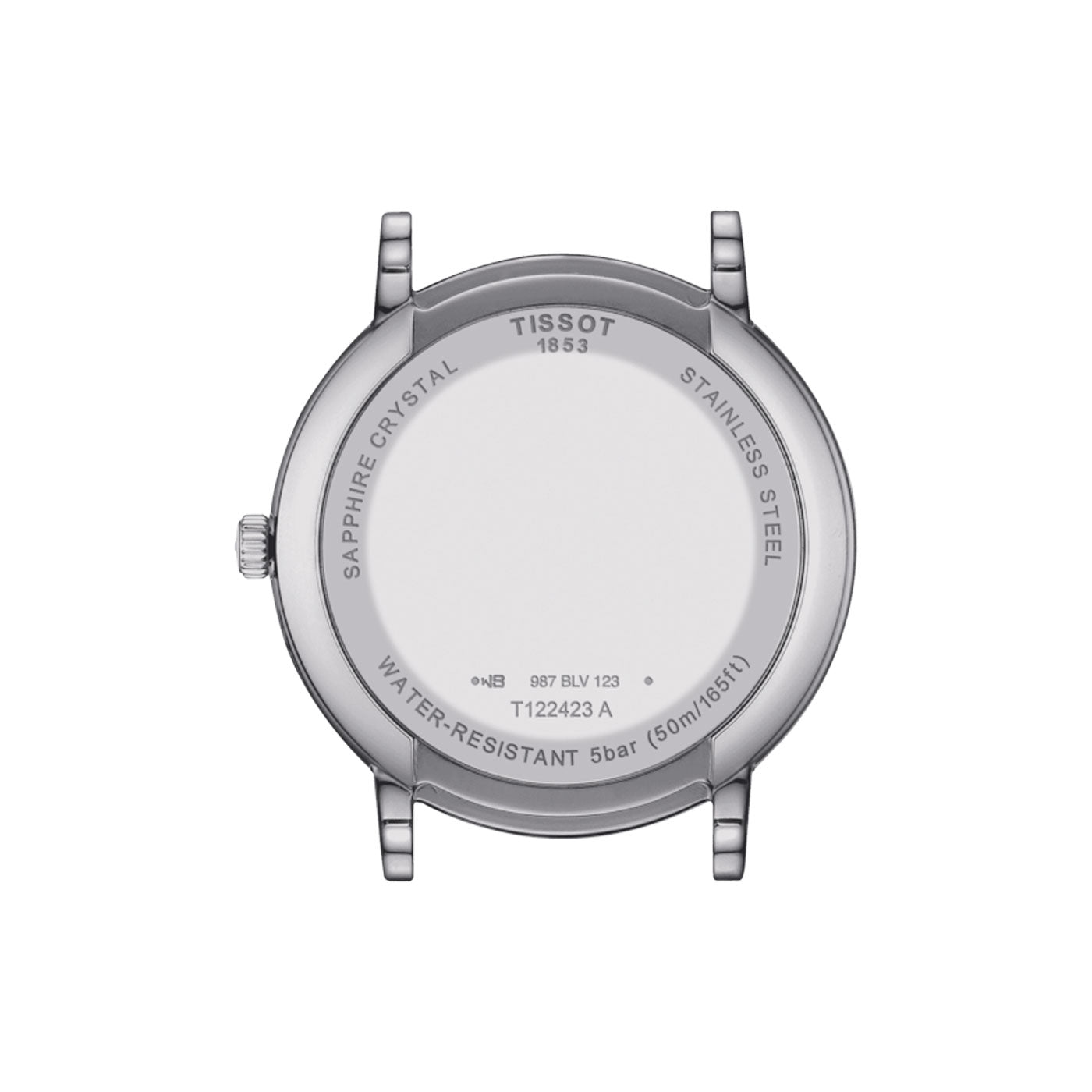 The back of the Tissot Carson Premium Gent Moonphase Quartz 40mm Watch case features a circular design that includes text detailing "Sapphire Crystal," "Stainless Steel," and "Water-Resistant 5 bar (50m/165ft)." It is equipped with four lugs, a crown, and operates using Swiss Quartz Movement.