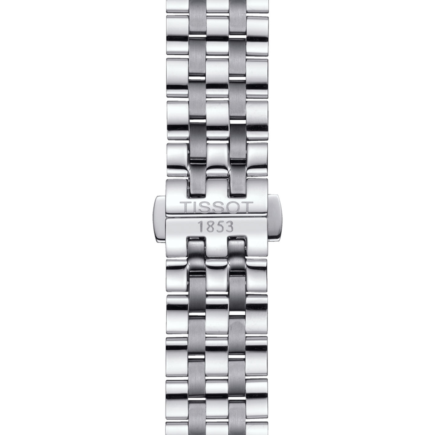 Close-up image of a Tissot Carson Premium Gent Moonphase Quartz 40mm watch bracelet, showcasing a polished metal link with "TISSOT 1853" on the clasp. The band features alternating shiny and matte sections, highlighted by its intricate design. Its Swiss Quartz Movement guarantees precision, making it both elegant and reliable.