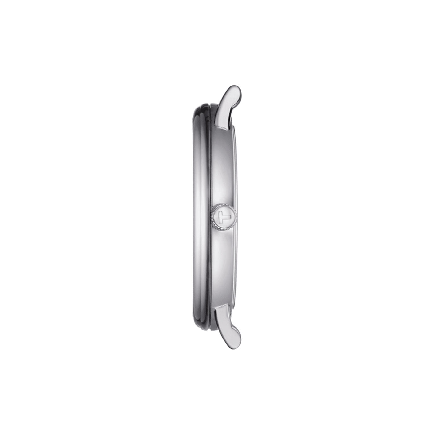 The image shows a side view of the Tissot Carson Premium Gent Moonphase Quartz 40mm Watch. The silver case has two short lugs and a ridged crown on the right side, complete with a durable sapphire crystal. Its minimalist design highlights the precision of Swiss quartz movement against a plain white backdrop.