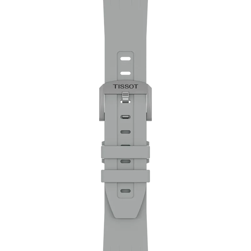 Gray silicone watch strap for the Tissot Supersport NBA Edition Chrono Quartz 42mm Watch, featuring a buckle and branded keeper.