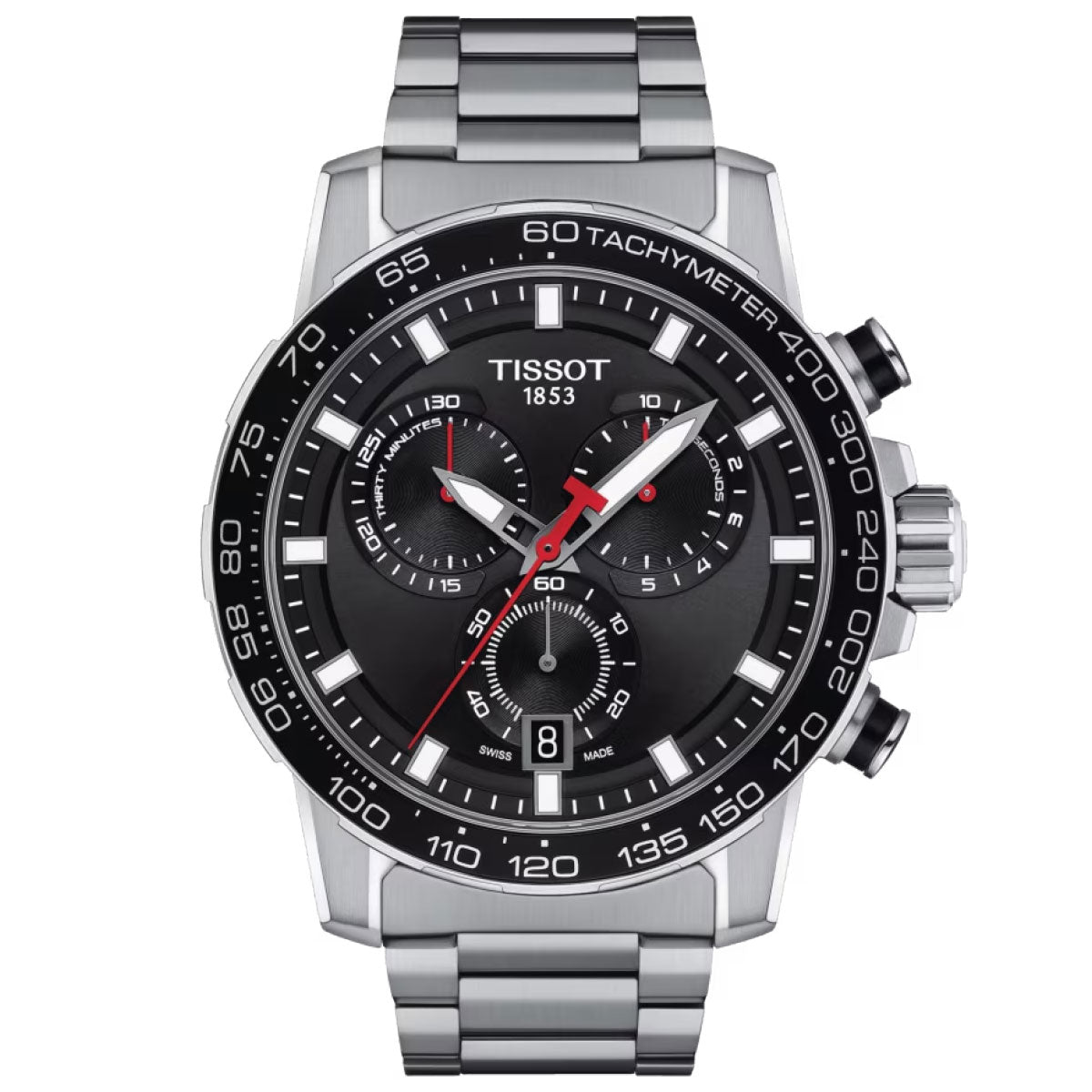 The Tissot Supersport Chrono Quartz 45.5mm Watch from Tissot showcases a stylish design, complete with a stainless steel band and black dial. It operates on Swiss Quartz Movement and features three subdials, a tachymeter scale on the bezel, red accents on the hands, and Scratch Resistant Sapphire Crystal. The "Tissot 1853" logo is prominently displayed below the 12 o'clock mark.