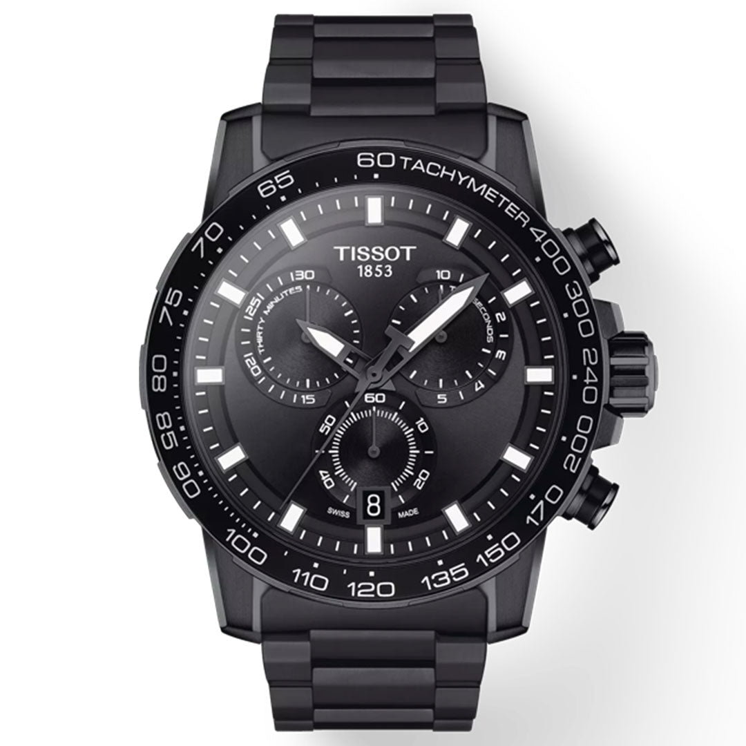 The Tissot Supersport Chrono Quartz 45.5mm Watch features a black dial with three subdials, white markers, a tachymeter bezel, stainless steel case and bracelet, and prominent pushers for a sporty look.