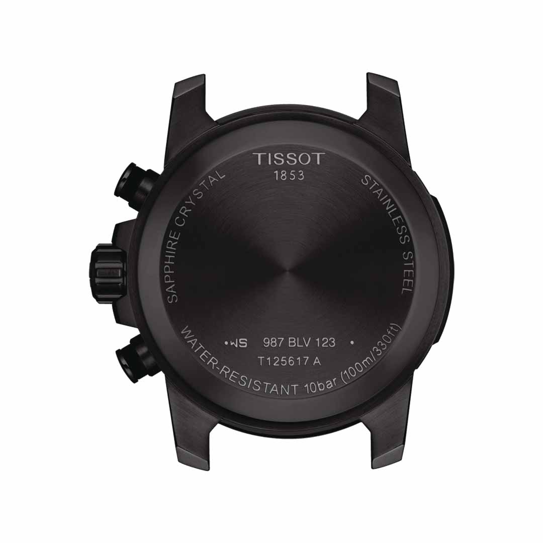 The back view of the Tissot Supersport Chrono Basketball Edition Quartz 45.5mm watch case showcases the engraving "Tissot 1853." It includes features such as sapphire crystal, stainless steel, and a 10 bar water resistance rating, exemplifying Swiss watchmaking precision. Reference numbers, 987 BLV 123 and T125617A, are also engraved on the piece.