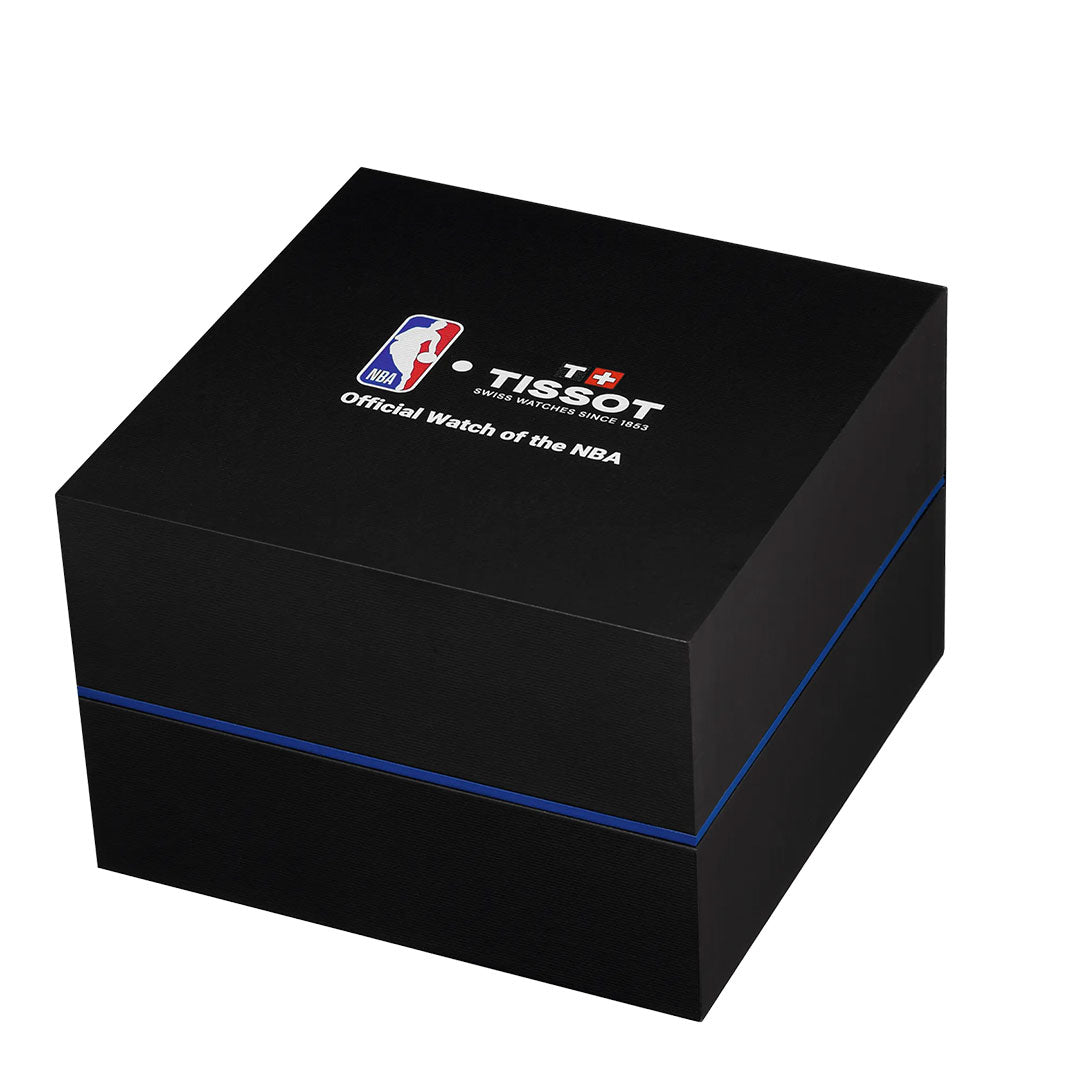 A black square box with a blue stripe, NBA and Tissot logos, and "Official Watch of the NBA" on the lid—ideal for gifting the Tissot Supersport NBA Special Edition Quartz 45.5mm Watch.