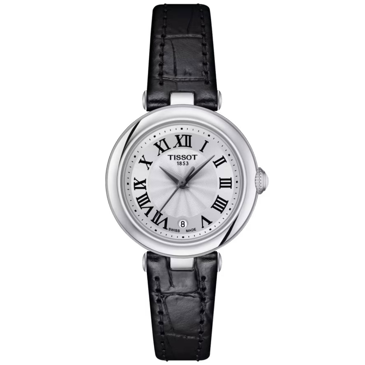 The Tissot Bellissima Small Lady Quartz 26mm Watch has a silver round face with Roman numeral hour markers and a date window at the 6 o'clock position. It features Swiss Quartz Movement and durable sapphire crystal, paired with a black leather strap and an elegant stainless steel case.