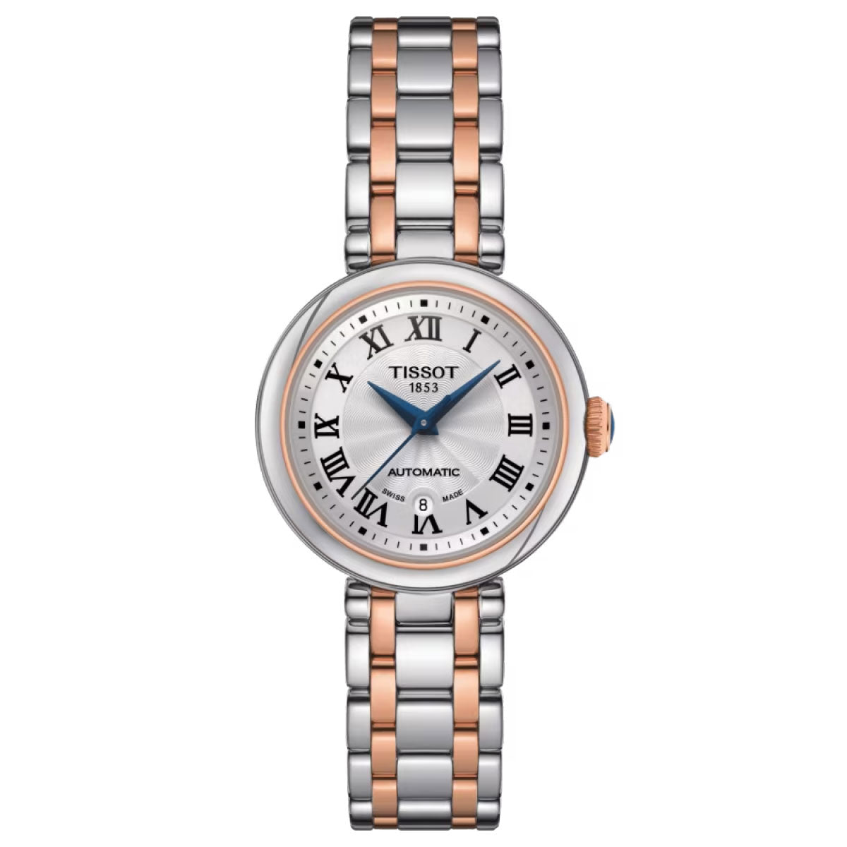 Introducing the Tissot Bellissima Automatic 29mm Watch: this elegant women's timepiece features a two-tone silver and rose gold bracelet, complemented by a round white dial adorned with Roman numerals. The Sapphire Crystal showcases the "Tissot 1853" and "Automatic" signatures, while the renowned Swiss Automatic Movement guarantees precision. Additionally, a date window is positioned at 6 o'clock for enhanced functionality.